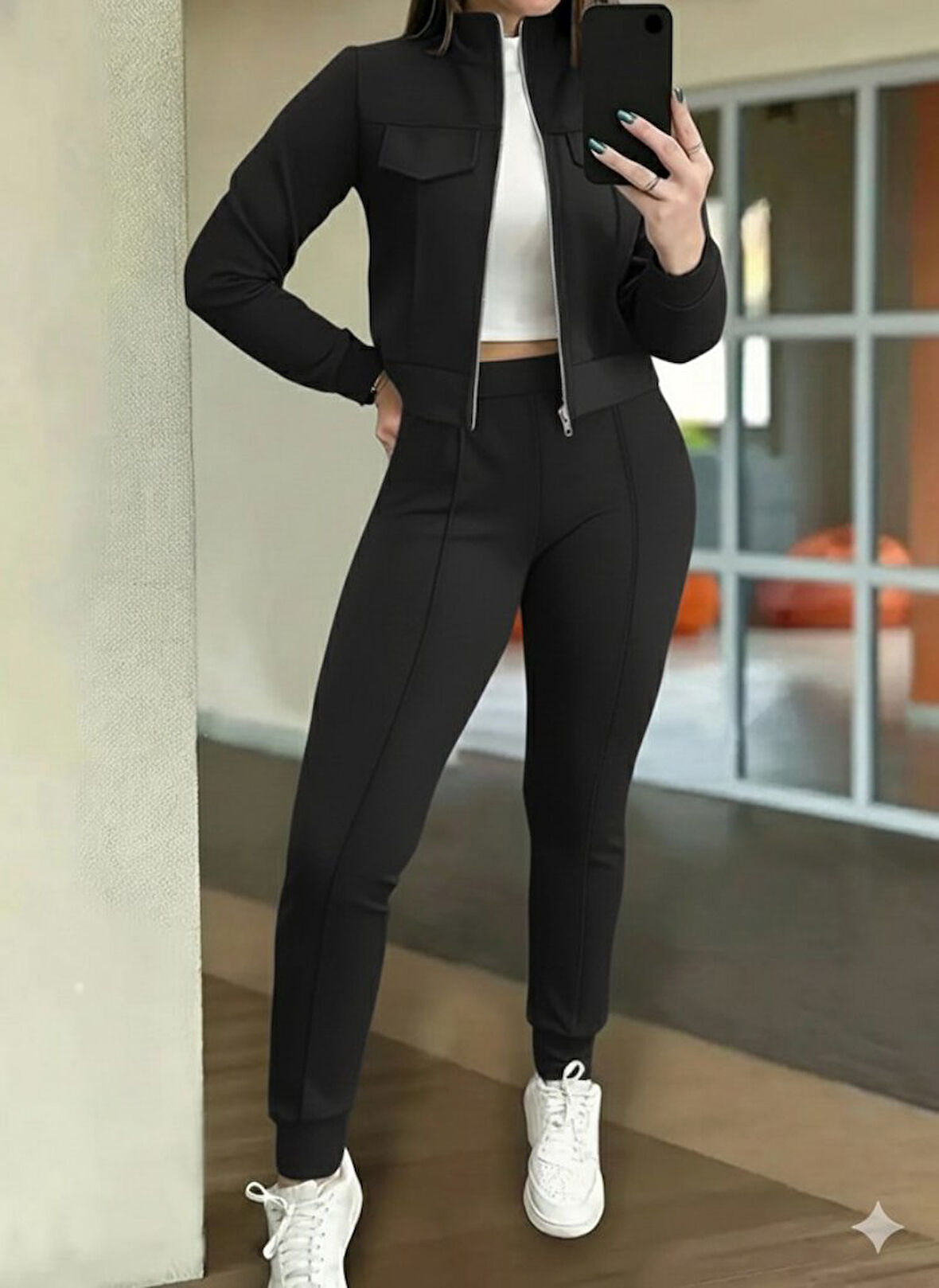 TUA MODA Kadın Uzun Kollu önden Fermuarlı Kısa Modal Ceket Ve Pantolon Ikili Takım