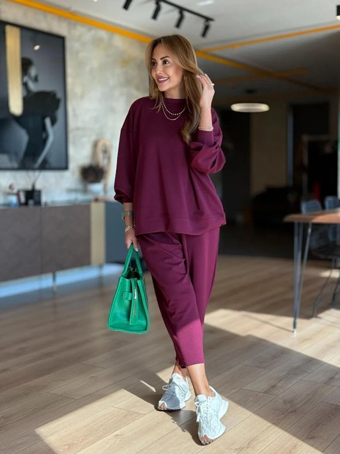 TUA MODA Kadın Uzun Kollu Bisiklet Yaka Viskon Iki Iplik Mor Bluz Ve Pantolon Ikili Takım