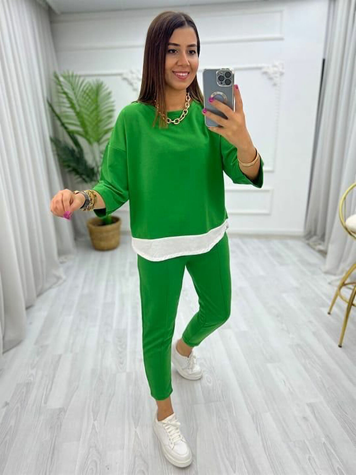 TUA MODA Kadın Yeşil ön Parça Detaylı Ikili Takım