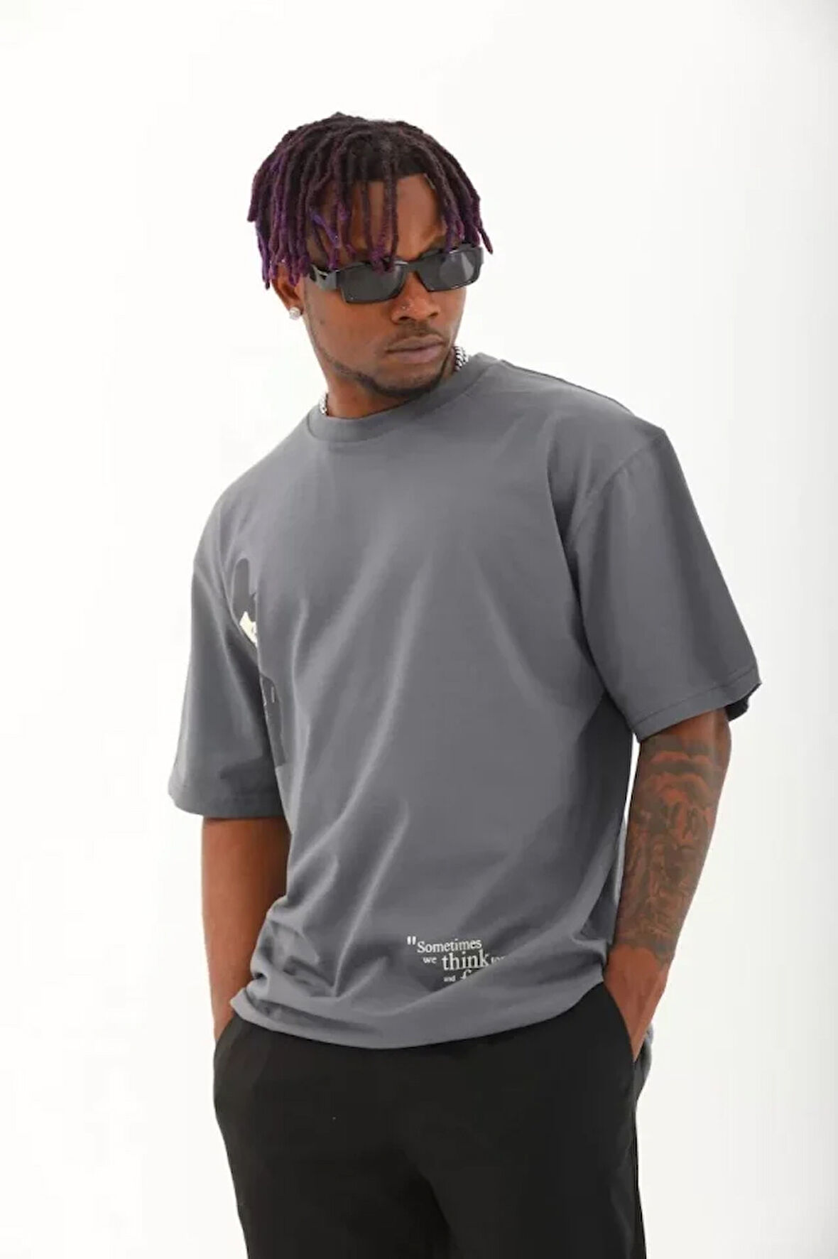 TUA MODA Unisex Oversize Baskılı Bisiklet Yaka T-Shirt - Füme
