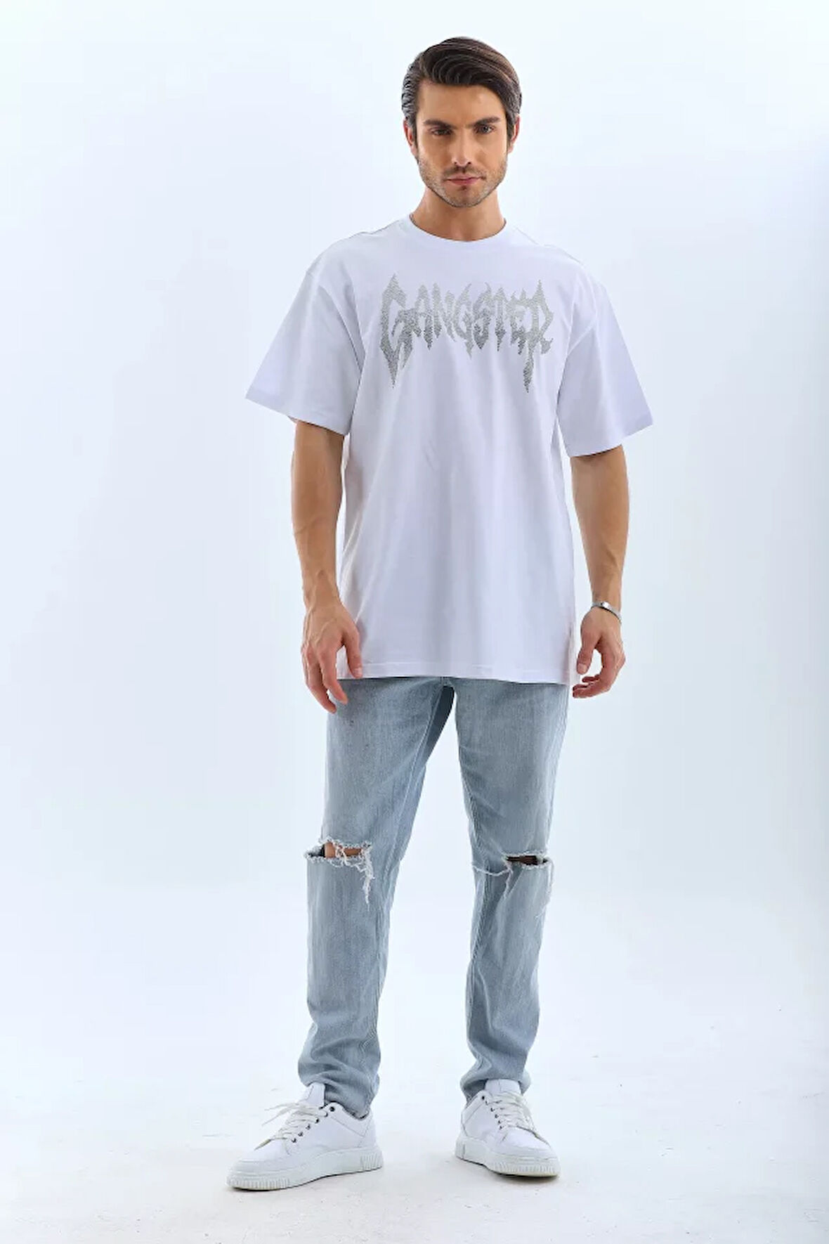 TUA MODA Unisex Oversize Taşlı Bisiklet Yaka T-Shirt - Beyaz