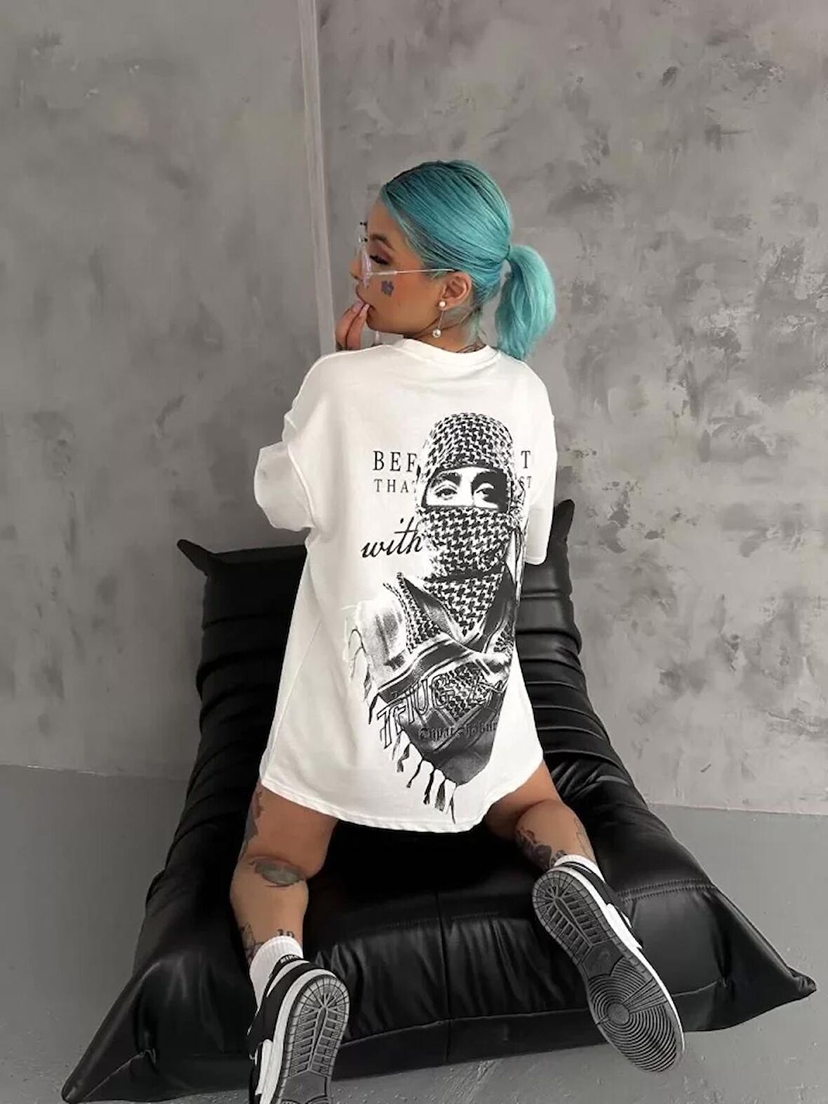 TUA MODA Unisex Baskılı Oversize T-Shirt - Beyaz