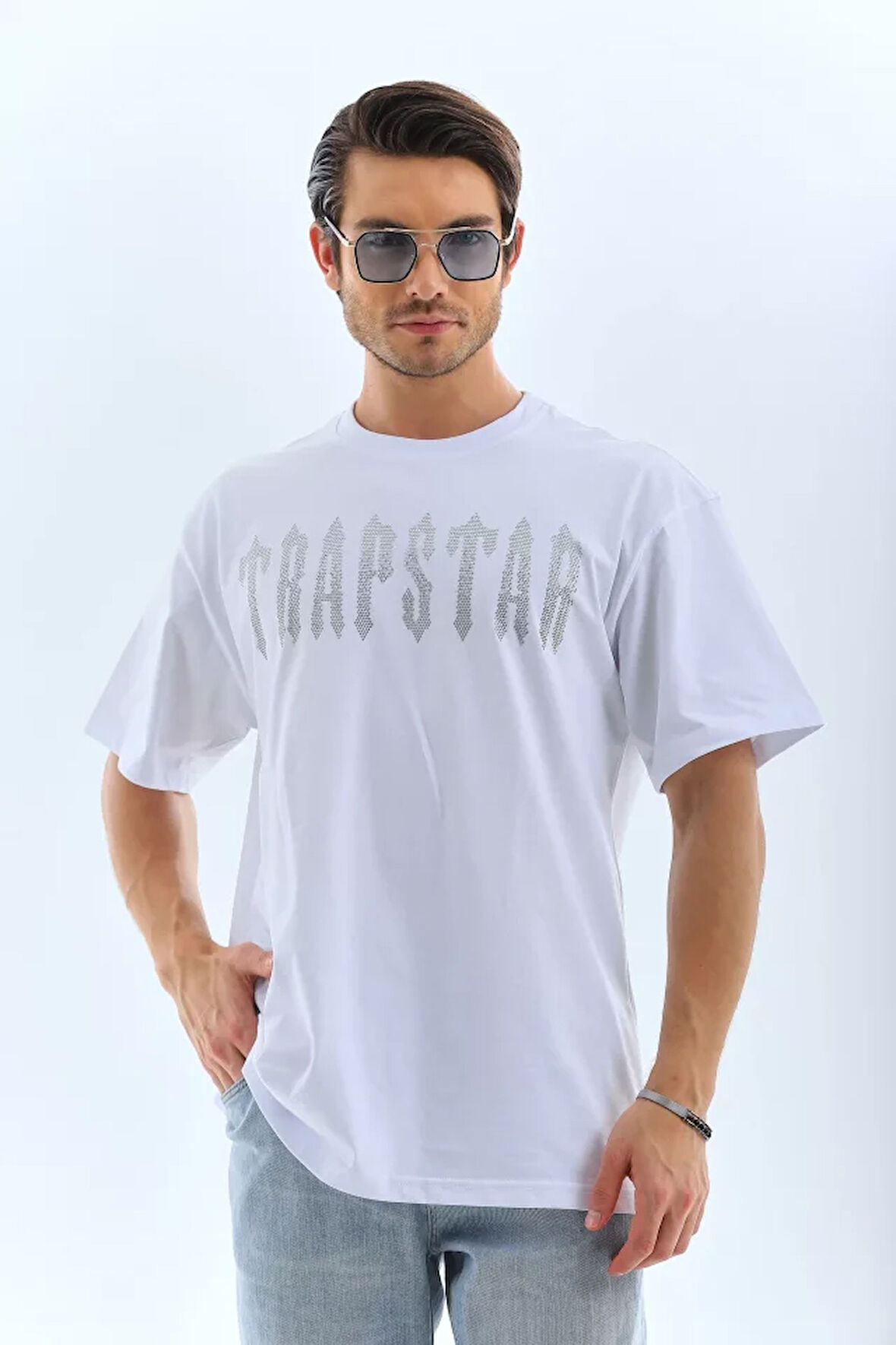 TUA MODA Unisex Oversize Taşlı Bisiklet Yaka T-Shirt - Beyaz