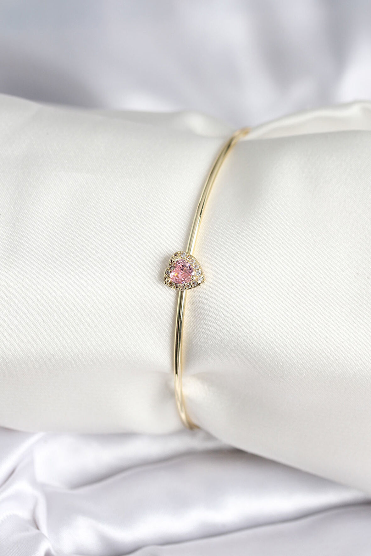 TUA MODA Pembe Zirkon Taşlı Kalp Model Gold Renk Kadın Bileklik