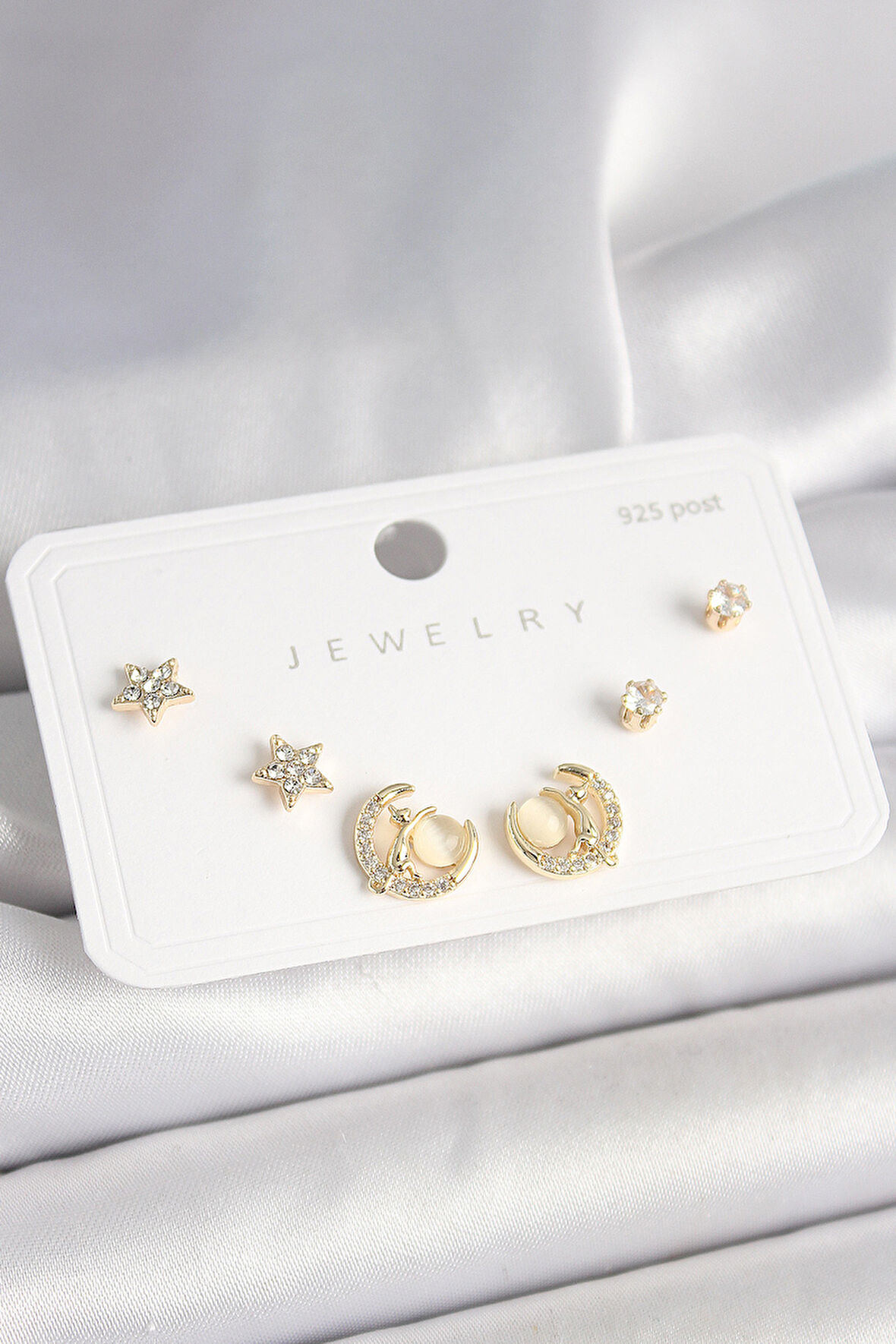 TUA MODA 925 Ayar Gümüş Çivi Zirkon Taşlı Hilal Yıldız Model Kadın Küpe Seti