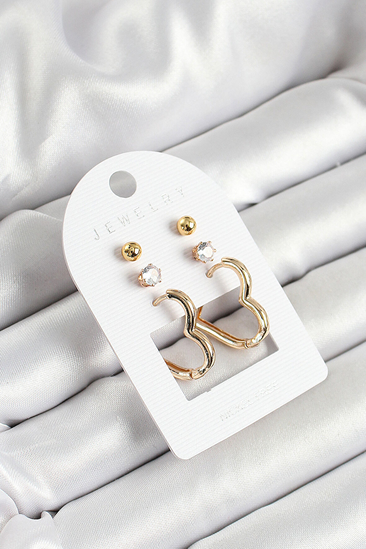 TUA MODA Pirinç Zirkon Taş Ve Kalp Figürlü Gold Renk 3'lü Çift Kadın Küpe Set