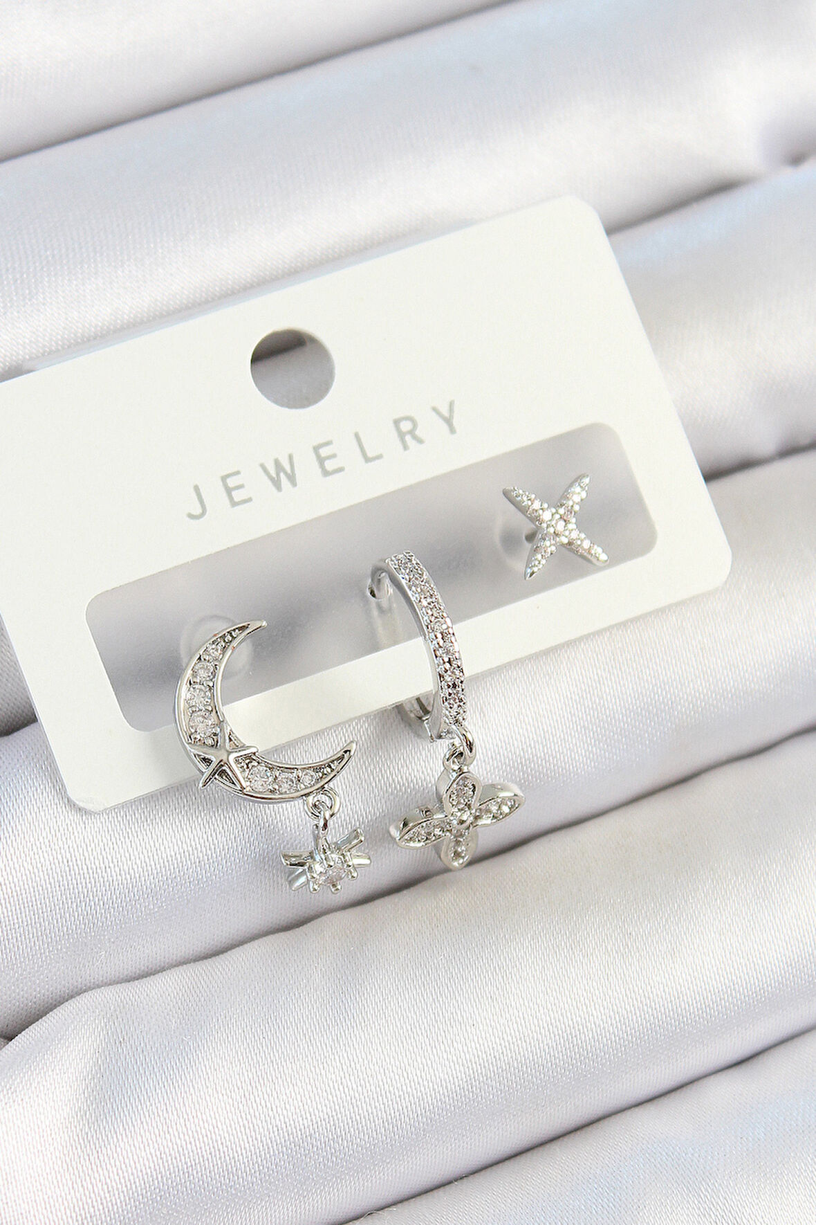 TUA MODA Pirinç Zirkon Taşlı Çiçek Ve Ay Model Gümüş Renk 3'lü Çift Kadın Küpe Set