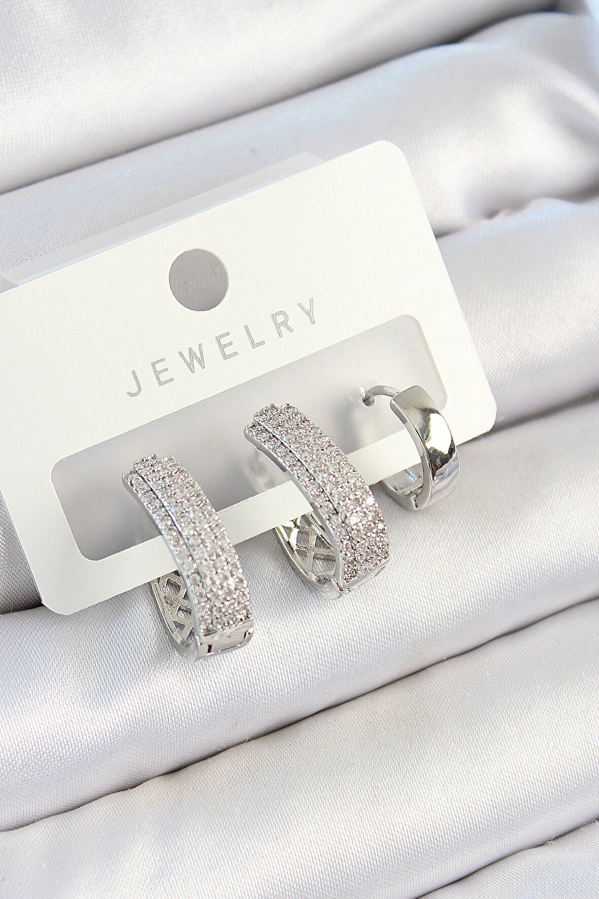 TUA MODA Pirinç Zirkon Taşlı Damla Model Gümüş Renk 3'lü Çift Kadın Küpe Set