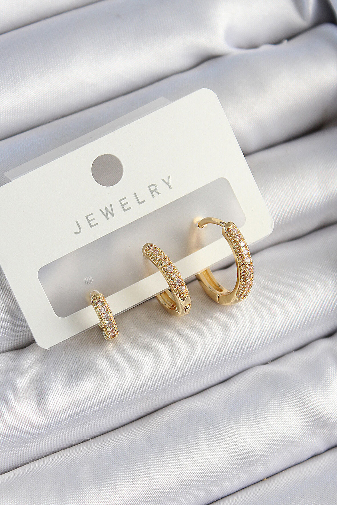 TUA MODA Pirinç Zirkon Taşlı Halka Model Gold Renk 3'lü Çift Kadın Küpe Set