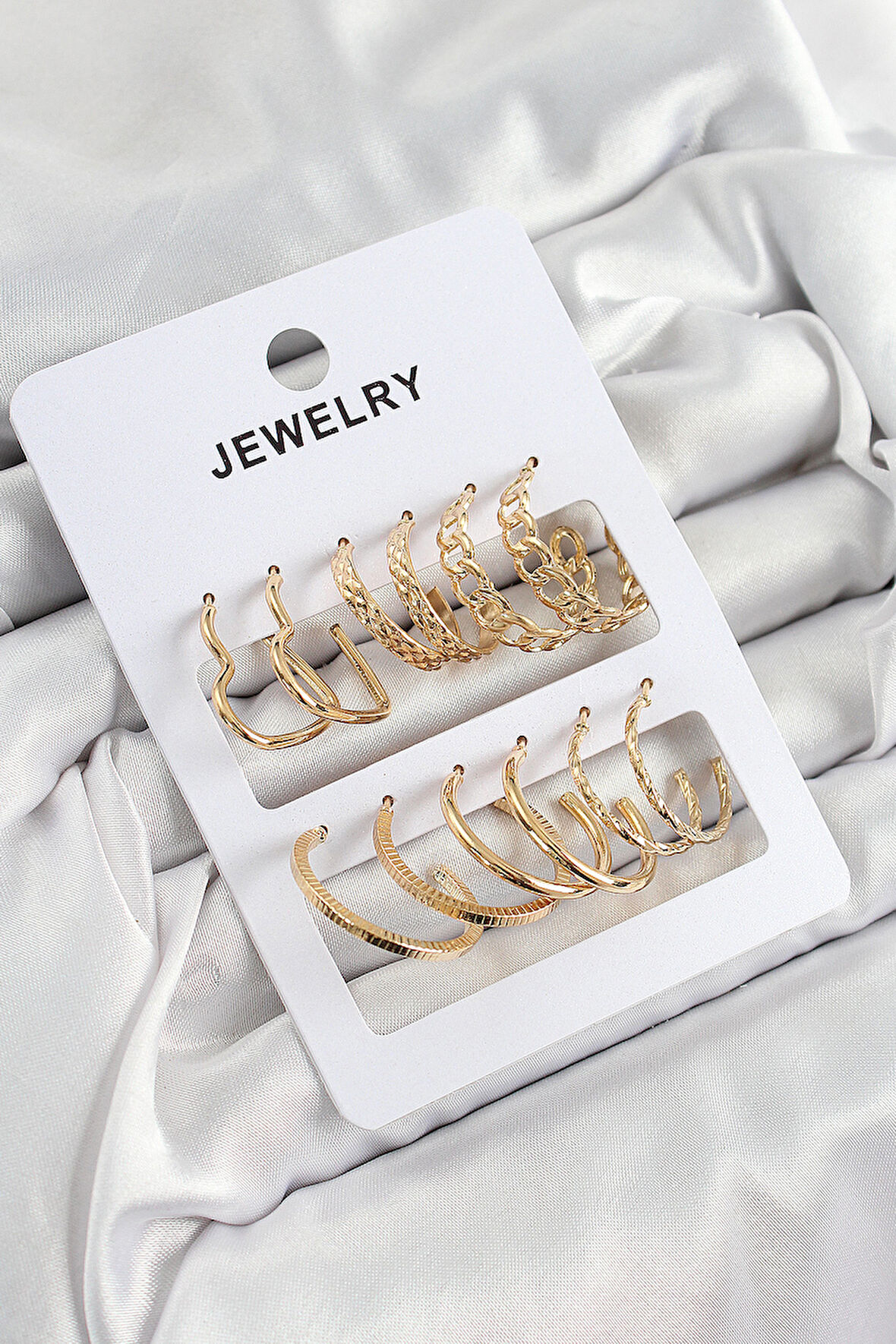 TUA MODA Pirinç Karışık Halka Model Gold Renk 6 Çift Kadın Küpe Set