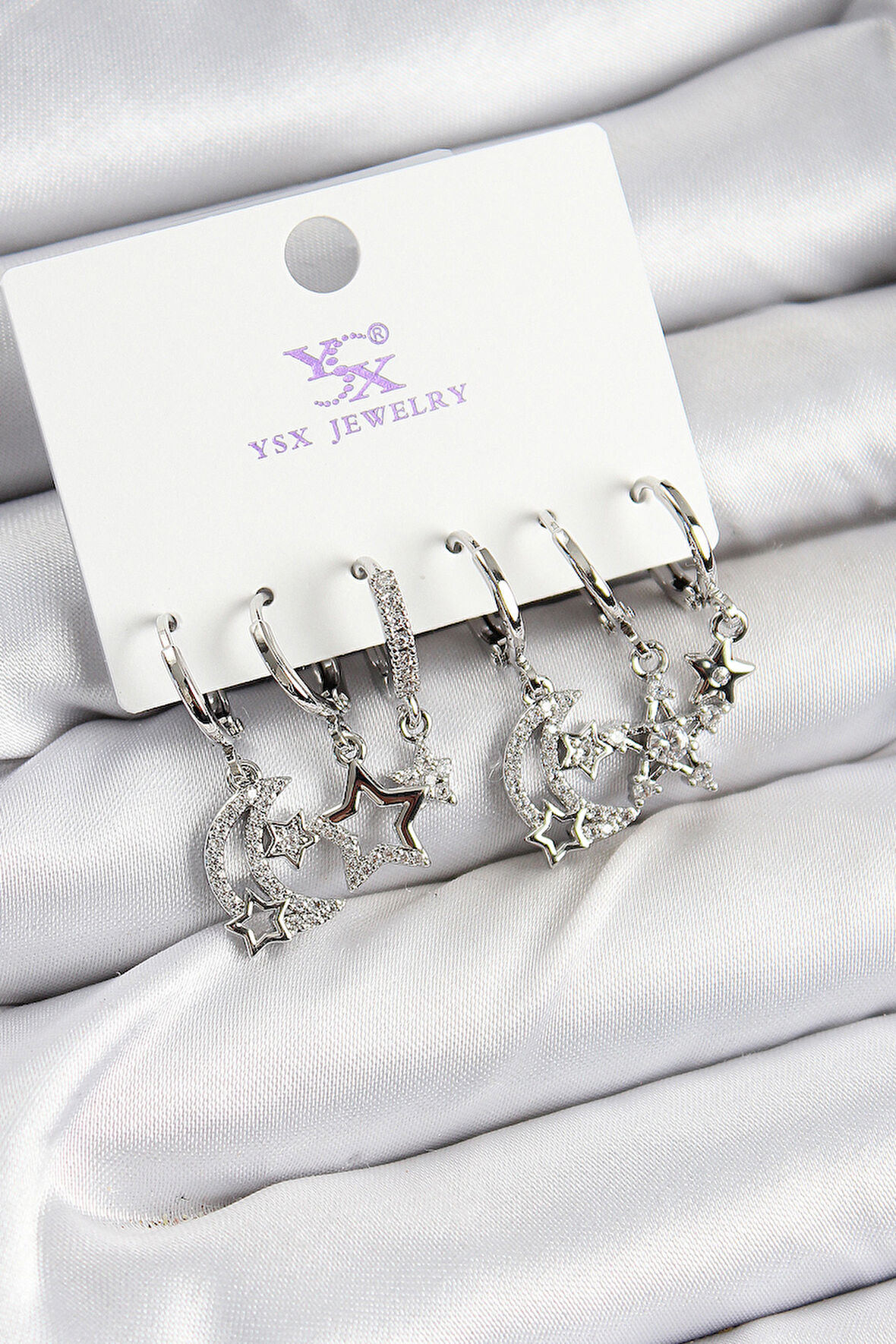 TUA MODA Pirinç Zİrkon Taşlı Ay ve Yıldız Model Gümüş Renk 3'lü Çift Kadın Küpe