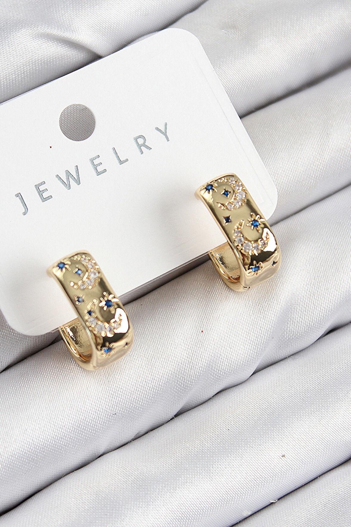 TUA MODA Pirinç Zirkon Taşlı Ay Desenli Model Gold Renk Kadın Küpe