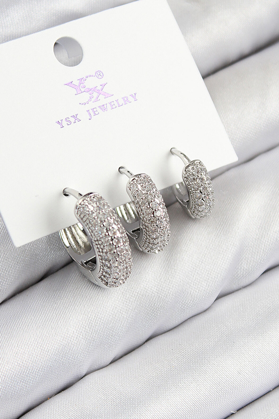 TUA MODA Pirinç Zirkon Taşlı 3'lü Halka Model Gümüş Renk Kadın Küpe