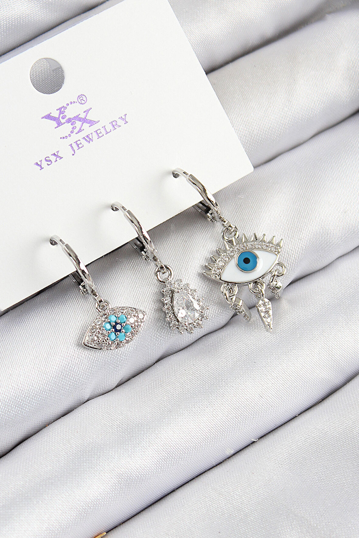 TUA MODA Pirinç Zirkon Taşlı 3'lü Fatma'nın Gözü Model Gümüş Renk Kadın Küpe