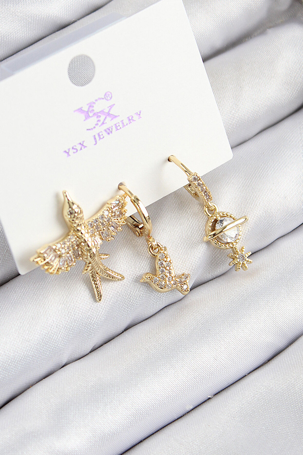 TUA MODA Pirinç Zirkon Taşlı 3'lü Kuş Model Gold Renk Kadın Küpe