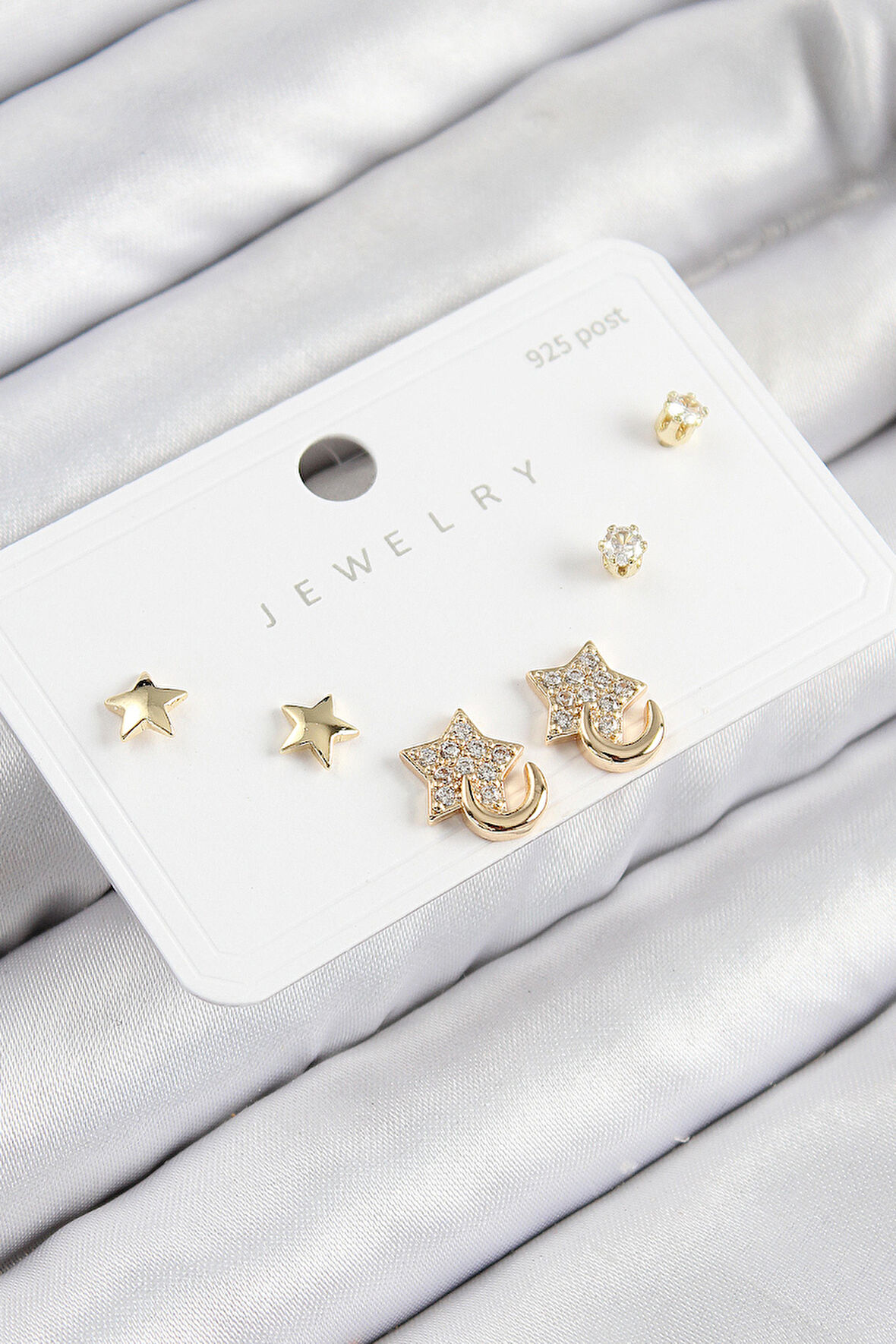 TUA MODA Pirinç Zirkon Taşlı Yıldız Model Gold Renk 925 Ayar Gümüş Çivi Kadın Küpe Set