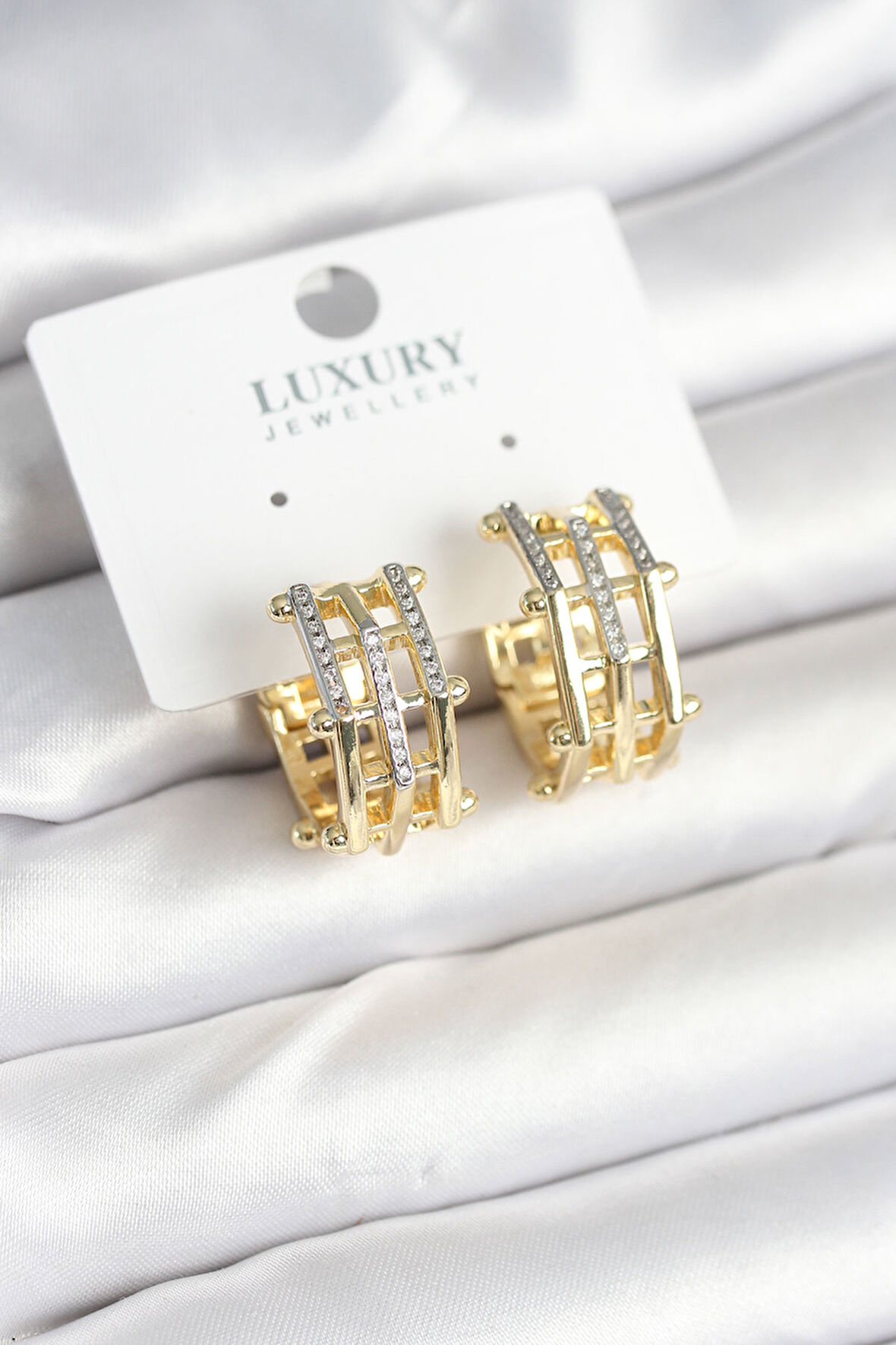 TUA MODA Pirinç Gold Renk Taşlı Halka Kadın Küpe