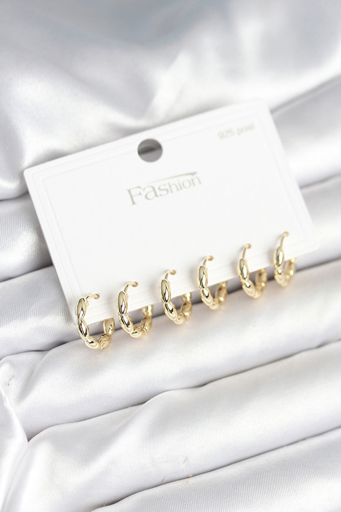 TUA MODA Pirinç Gold Renk Baklalı Halka 925 Gümüş Çivi Kadın Küpe Seti