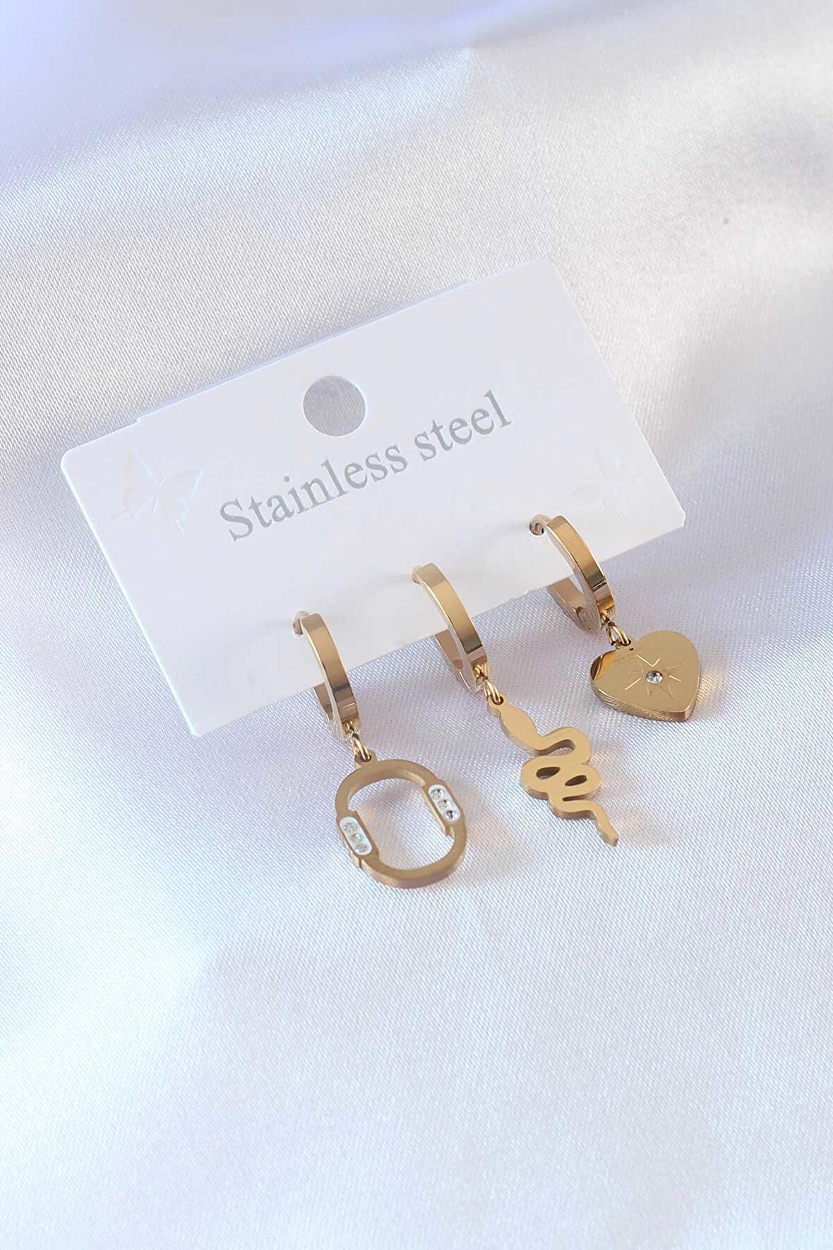 TUA MODA 316L Çelik Gold Renk Yılan Model Kalp Detay Zirkon Taşlı Kadın Küpe