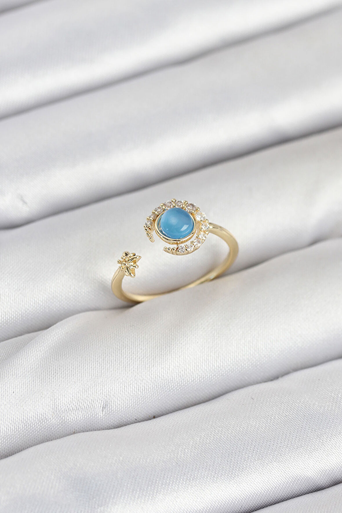 TUA MODA Pirinç Gold Renk Zirkon Taşlı Ay Yıldız Kadın Yüzük