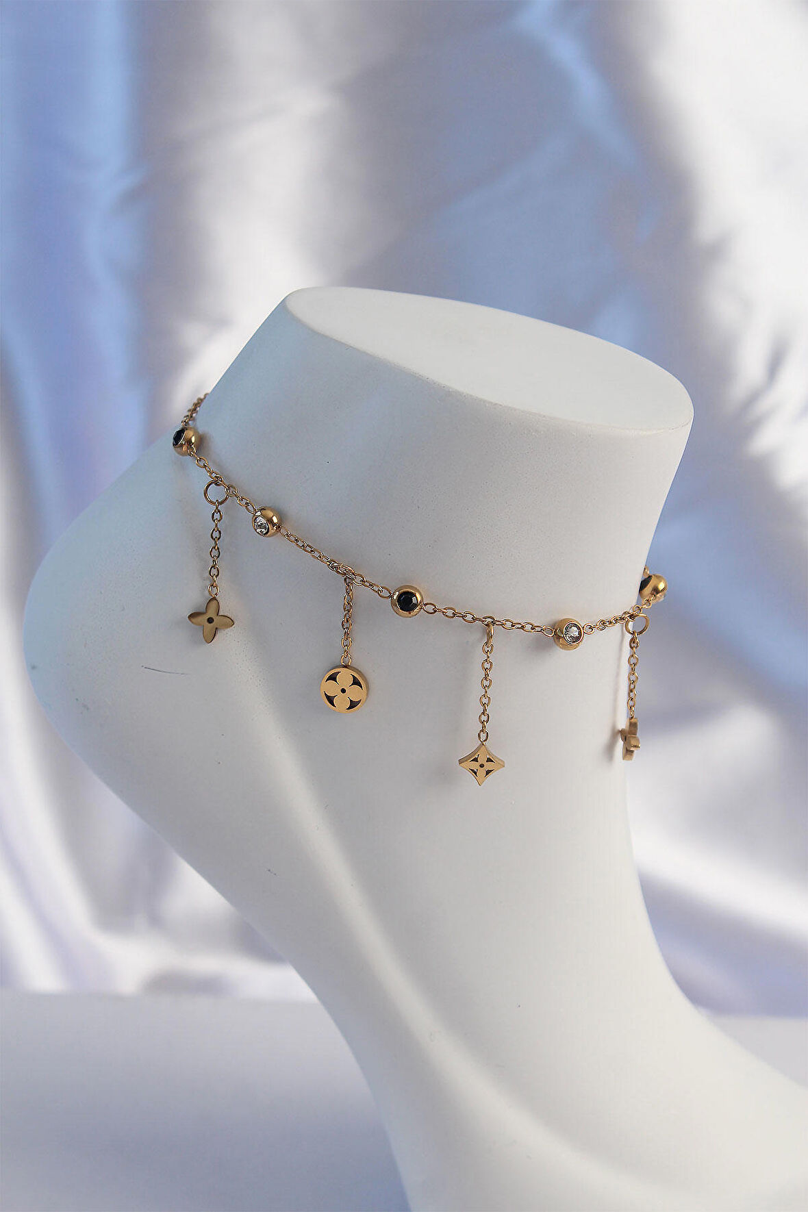 TUA MODA 316L Çelik Gold Renk Zirkon Taşlı Sallantılı Yonca Model Halhal