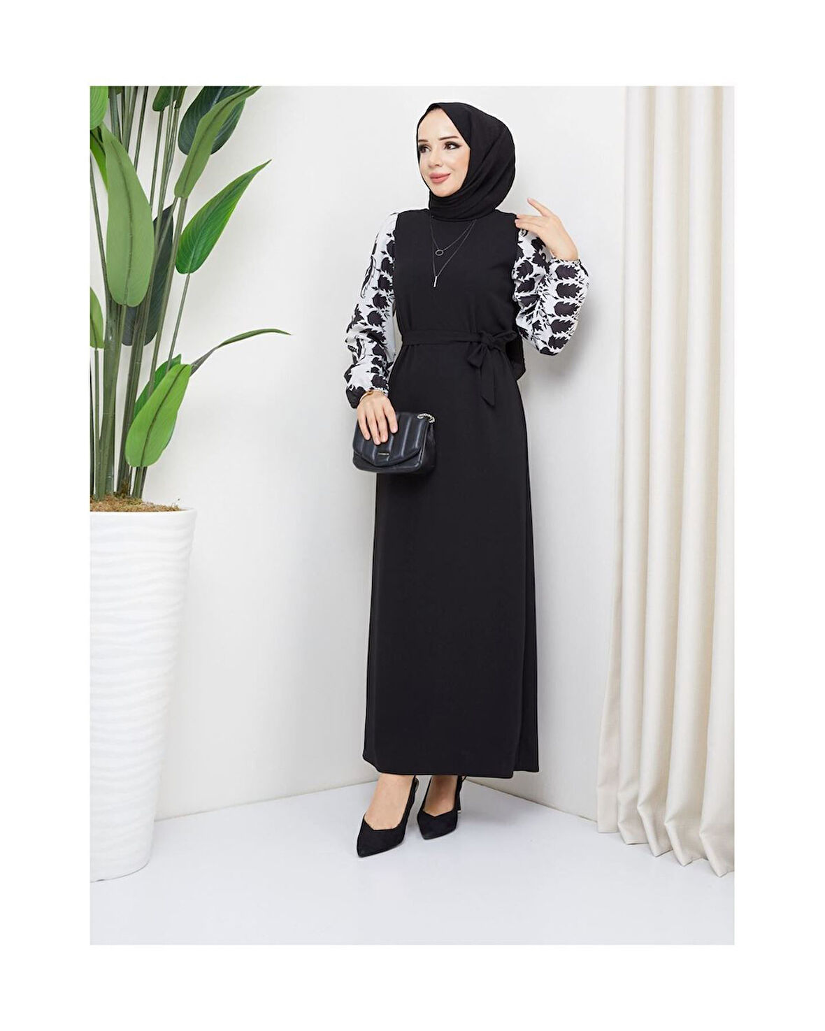 Yuvarlak Desenli Şifon Kollu Tuğba Model Elbise - Siyah Siyah-912