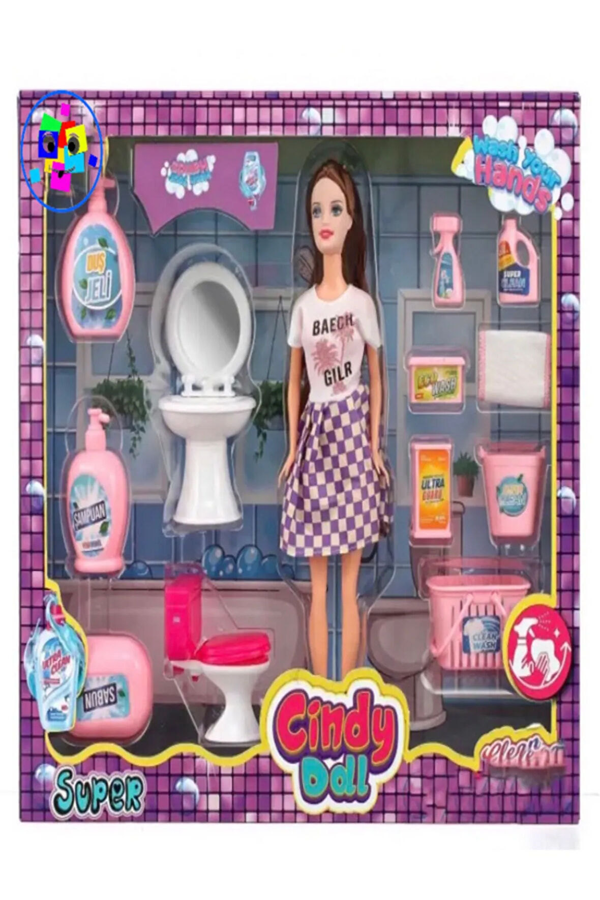 Eğitici Bebek ve Çocuk Cindy Doll Bebekli Lavabo ve Temizlik Seti