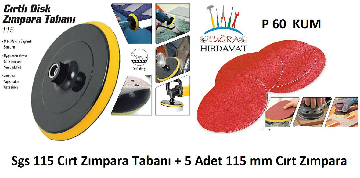 Sgs Cırt Zımpara Tabanı 115mm + P60 Kum 5 Adet Cırt Zımpara
