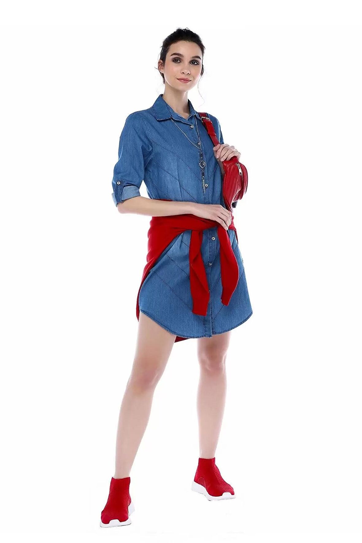 Yandan Sıra Şeritli Koyu Mavi Kadın Tunik