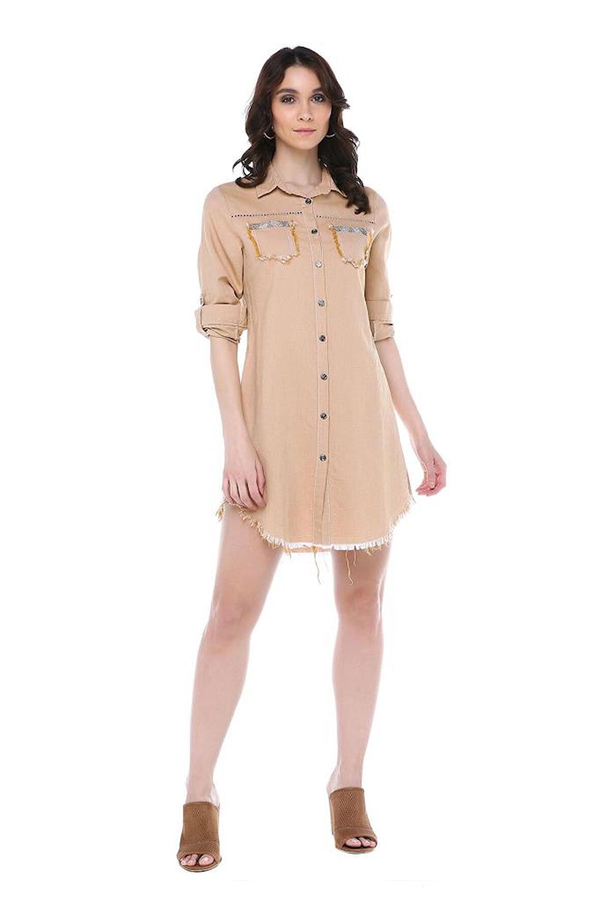 Püsküllü Cepleri Sütun Taşlı Hardal Kadın Keten Tunik