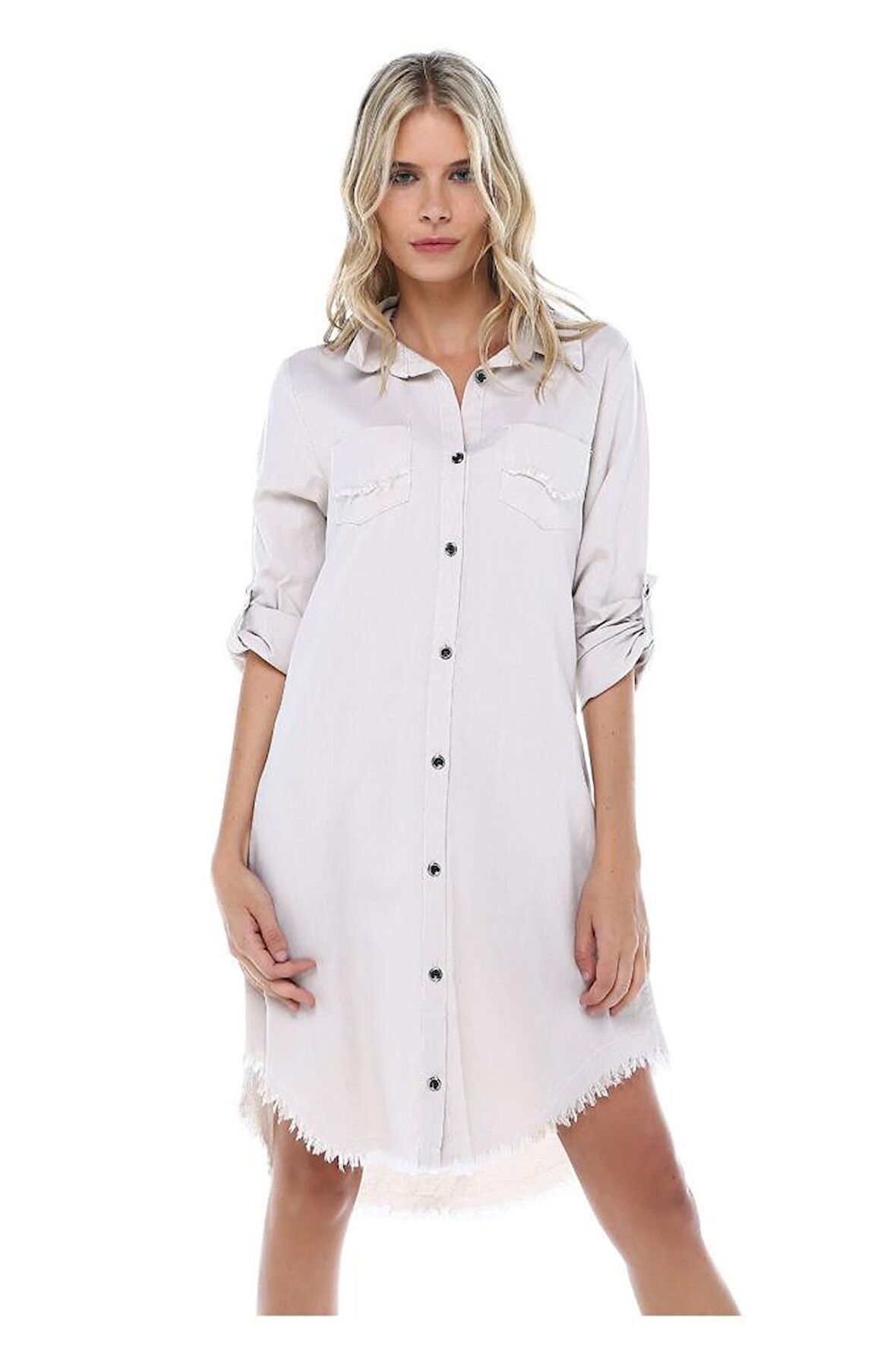 Cep Kenarı Saçaklı Kolları Katlanabilir Bej Kadın Keten Tunik