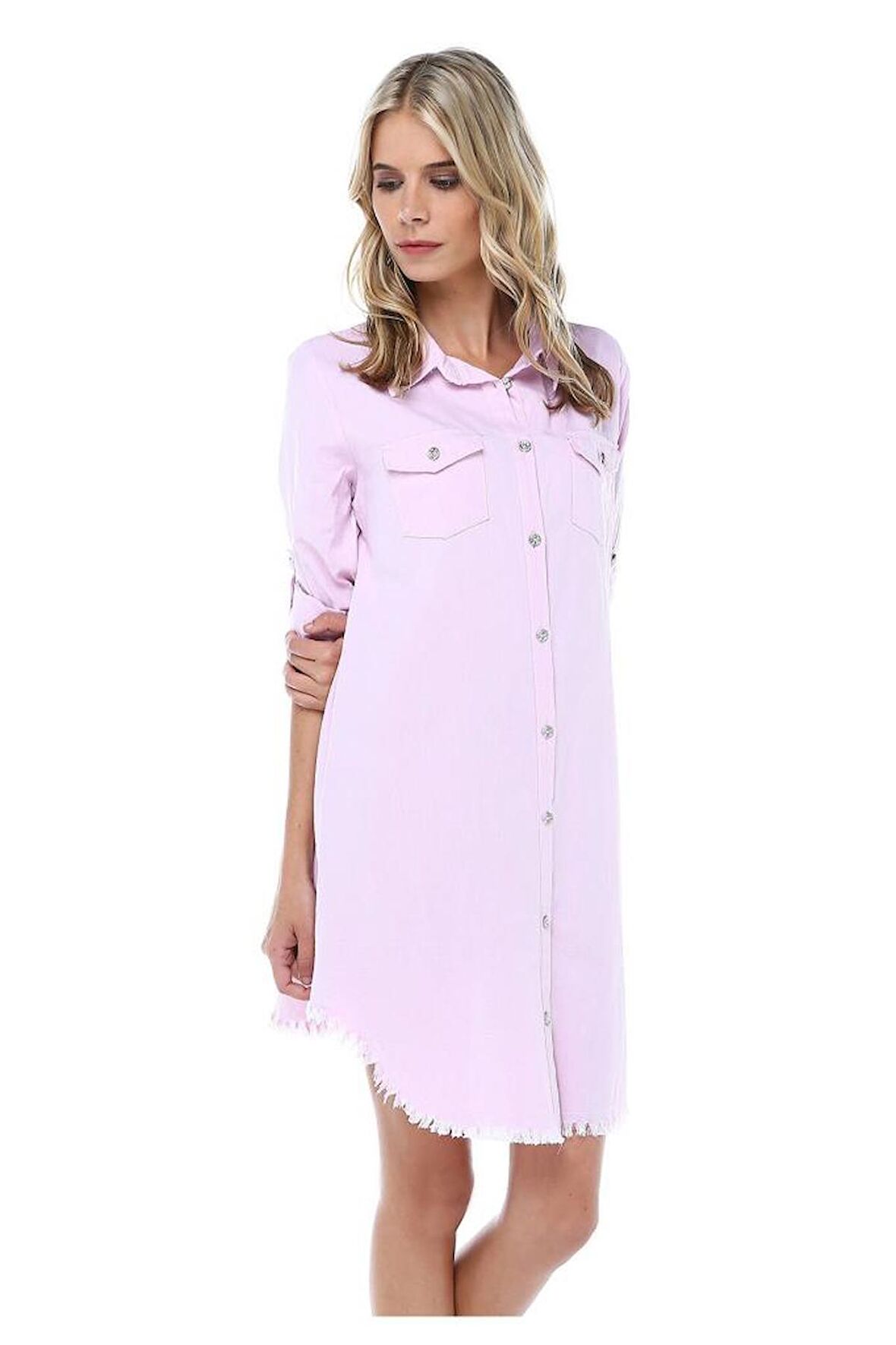 Kenarları Saçaklı Kolları Katlanabilir Pudra Kadın Keten Tunik