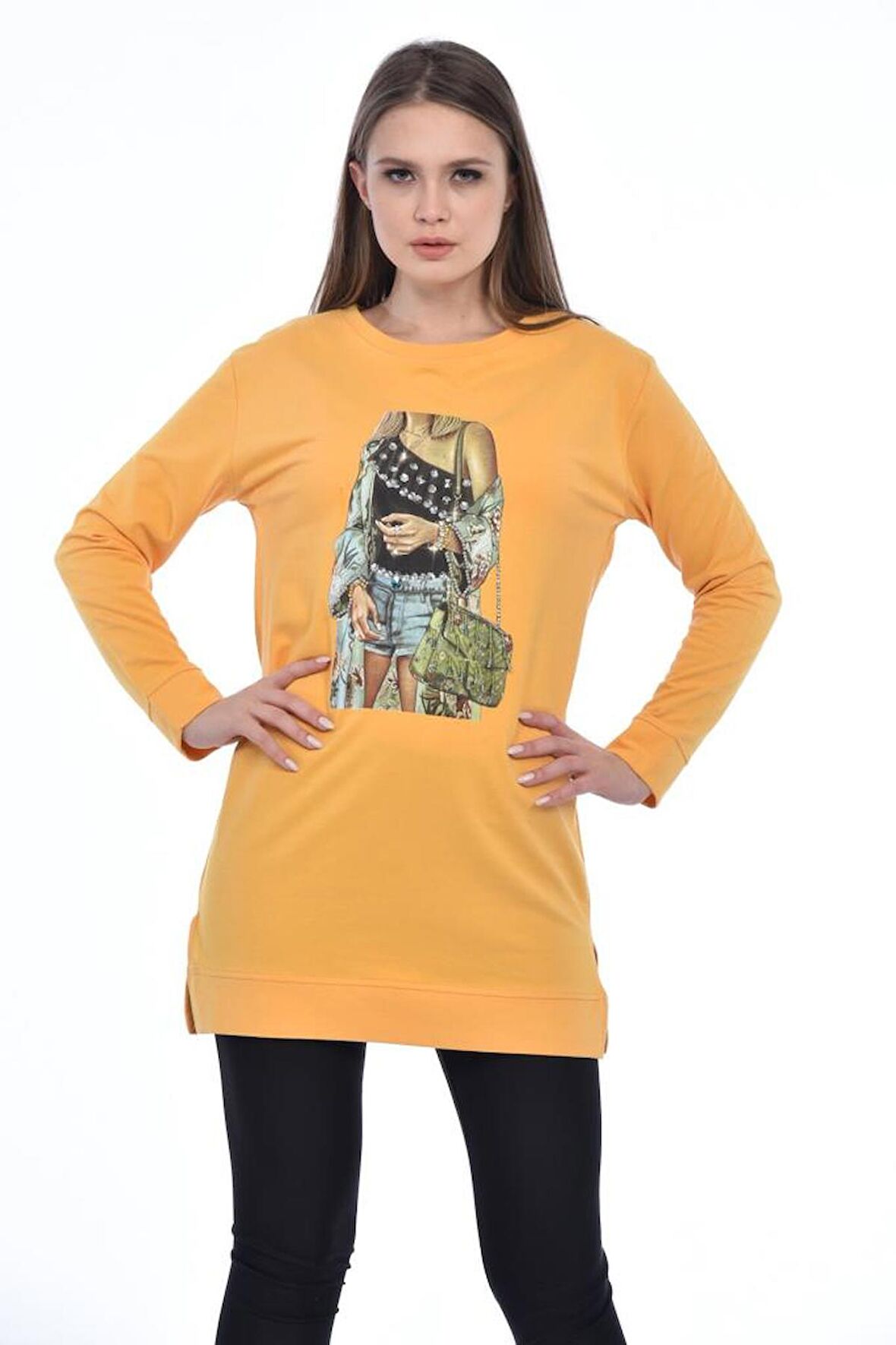 Bisiklet Yaka Uzun Kollu Kadın Baskılı Hardal Kadın Tunik
