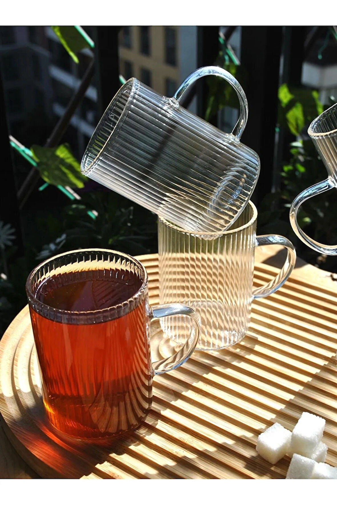 3'lü Borosılıkat Cam Bardak Çizgili Kulplu Çay Kahve Bardağı Isıya Dayanıklı Kupa-250 ml TT