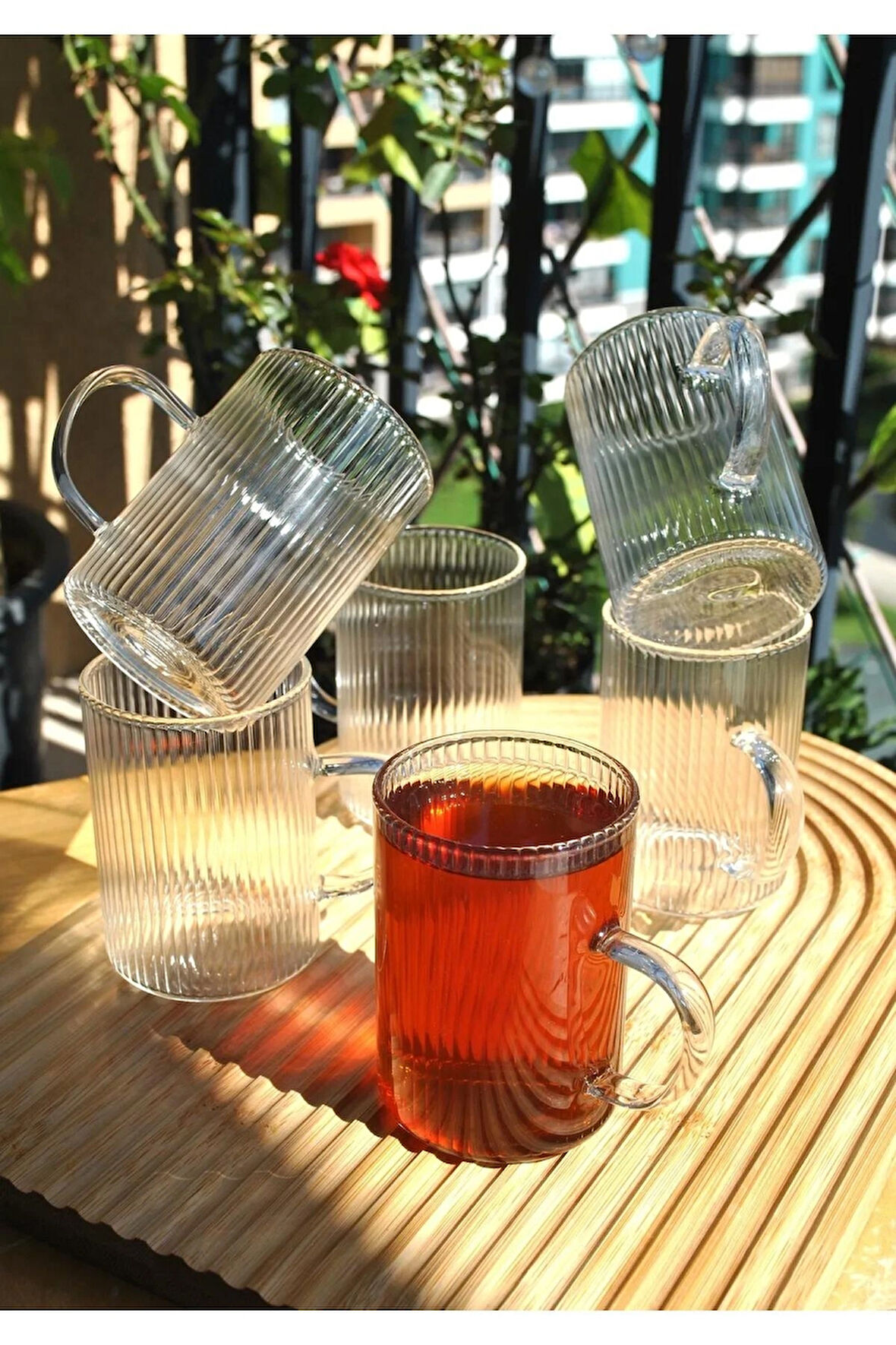 6'lı Borosılıkat Cam Bardak Çizgili Kulplu Çay Kahve Bardağı Isıya Dayanıklı Kupa-250 ml TT