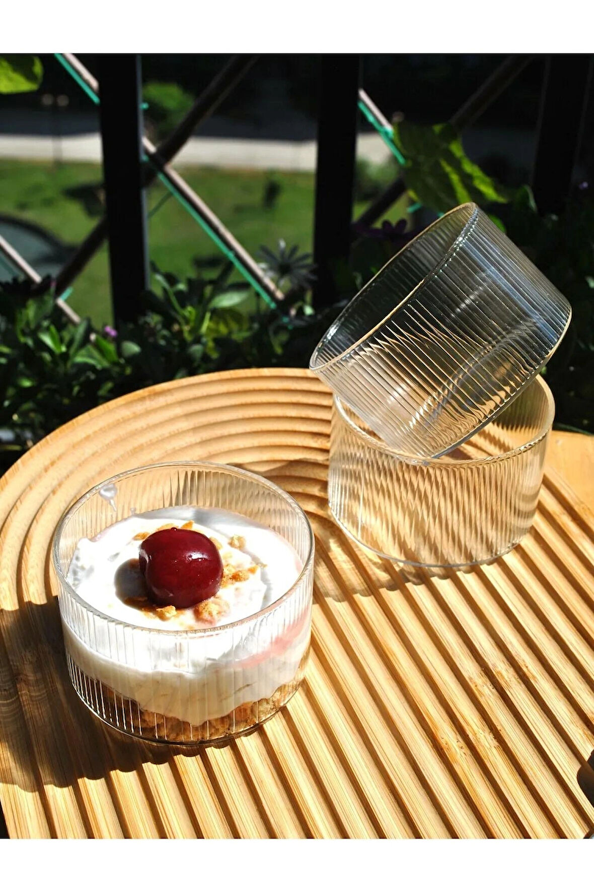 3'lü Borosılıkat Cam Kase Çizgili Sufle Kabı Magnolya Çerezlik Kasesi 8x5 Cm