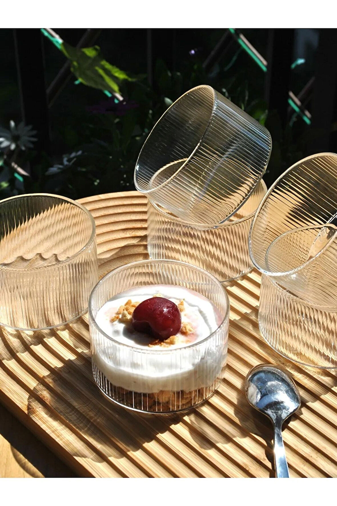 6'lı Borosılıkat Cam Kase Çizgili Sufle Kabı Magnolya Çerezlik Kasesi 8x5 Cm