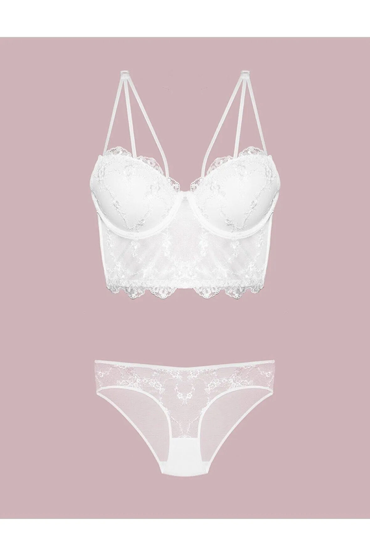 Kadın Ekru Dantelli Ipli Destekli Büstiyer Takımı 4491