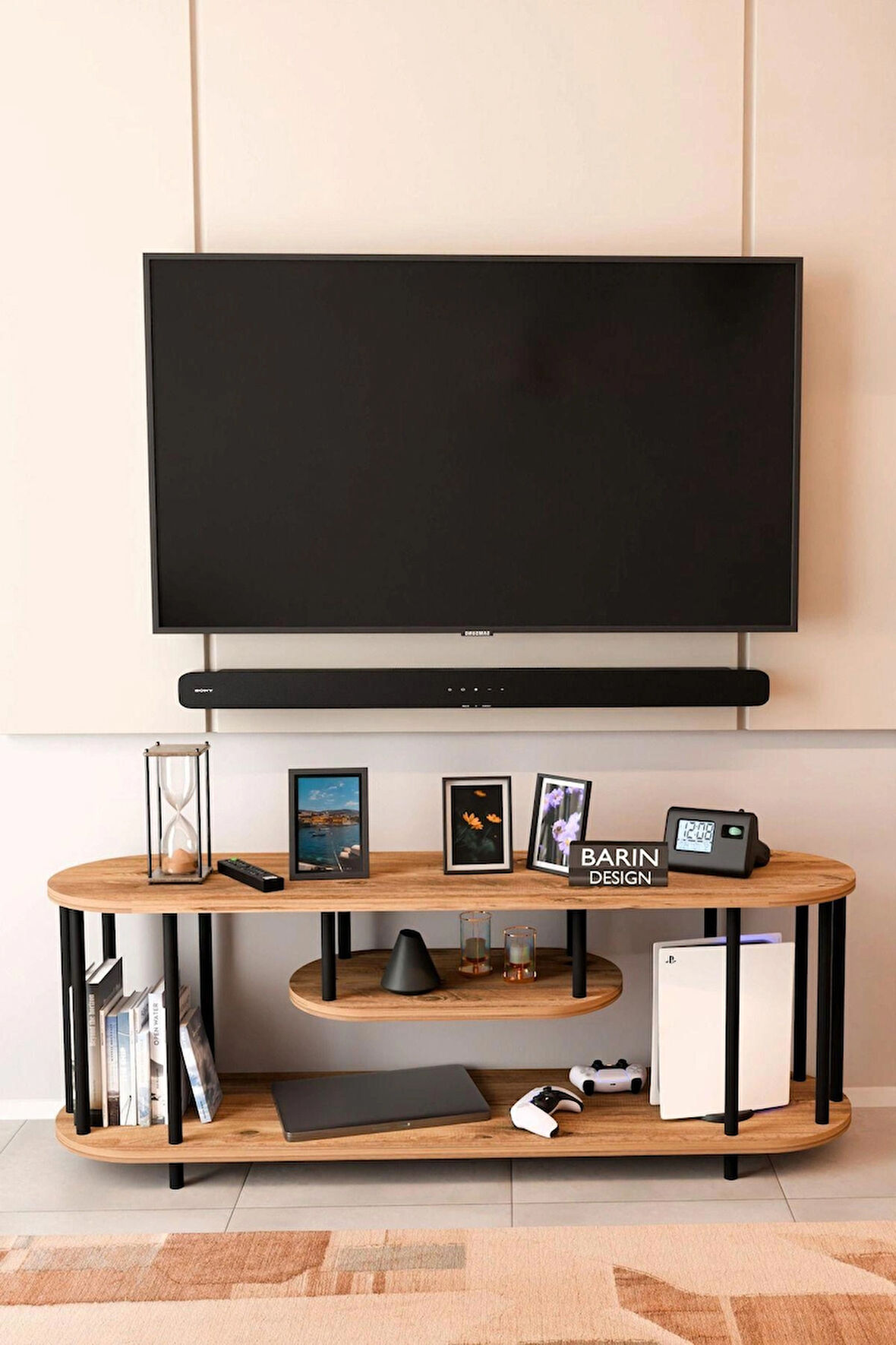 Modern TV Ünitesi Ahşap Raflı 2 Katlı Televizyon Sehpası Minimalist,Dayanıklı, Fonksiyonel TV Standı