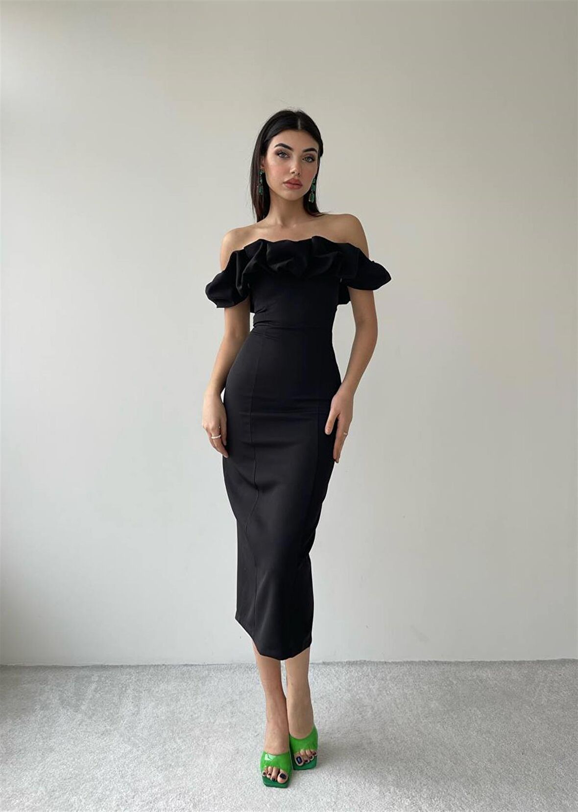 Midi Atlas Elbise Siyah -00012