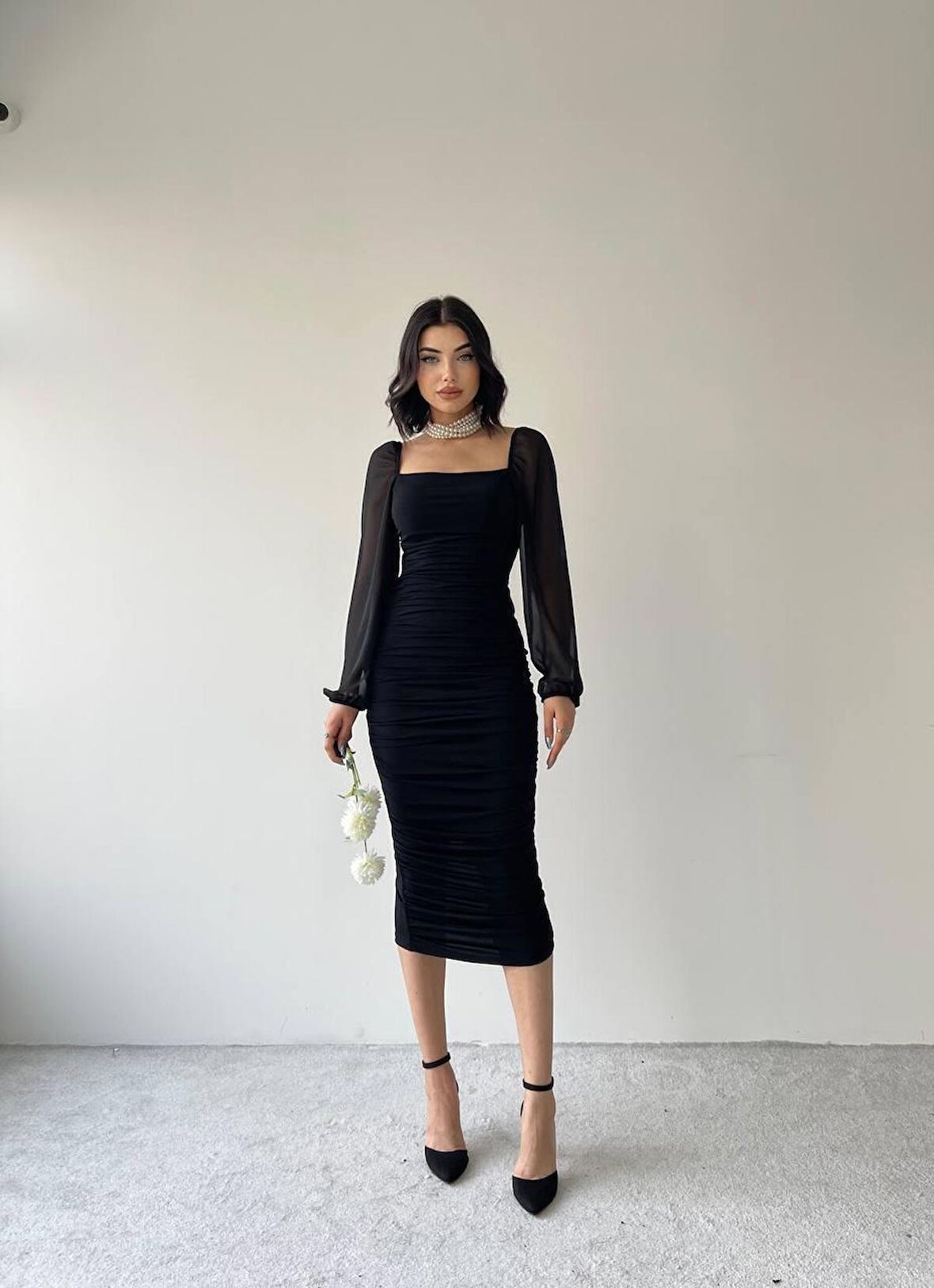 Sildane Drapeli Tül Kol Elbise Siyah