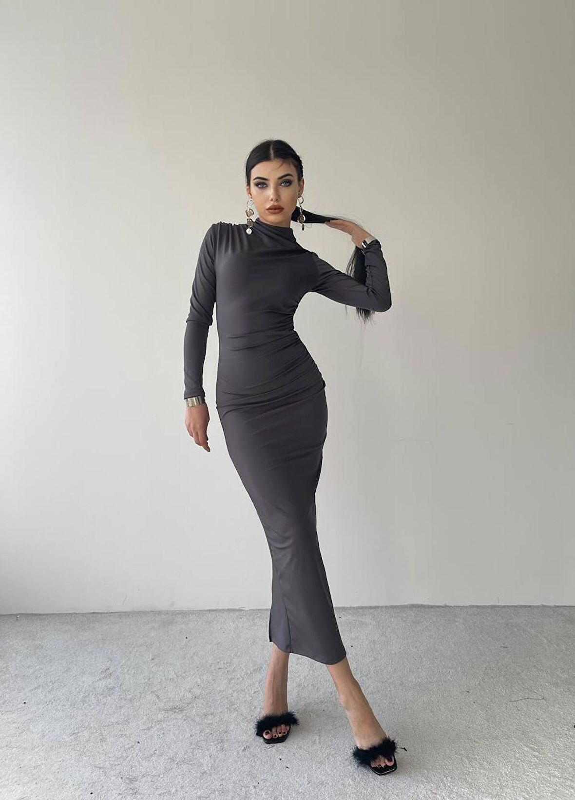 Afra Midi Elbise Gri