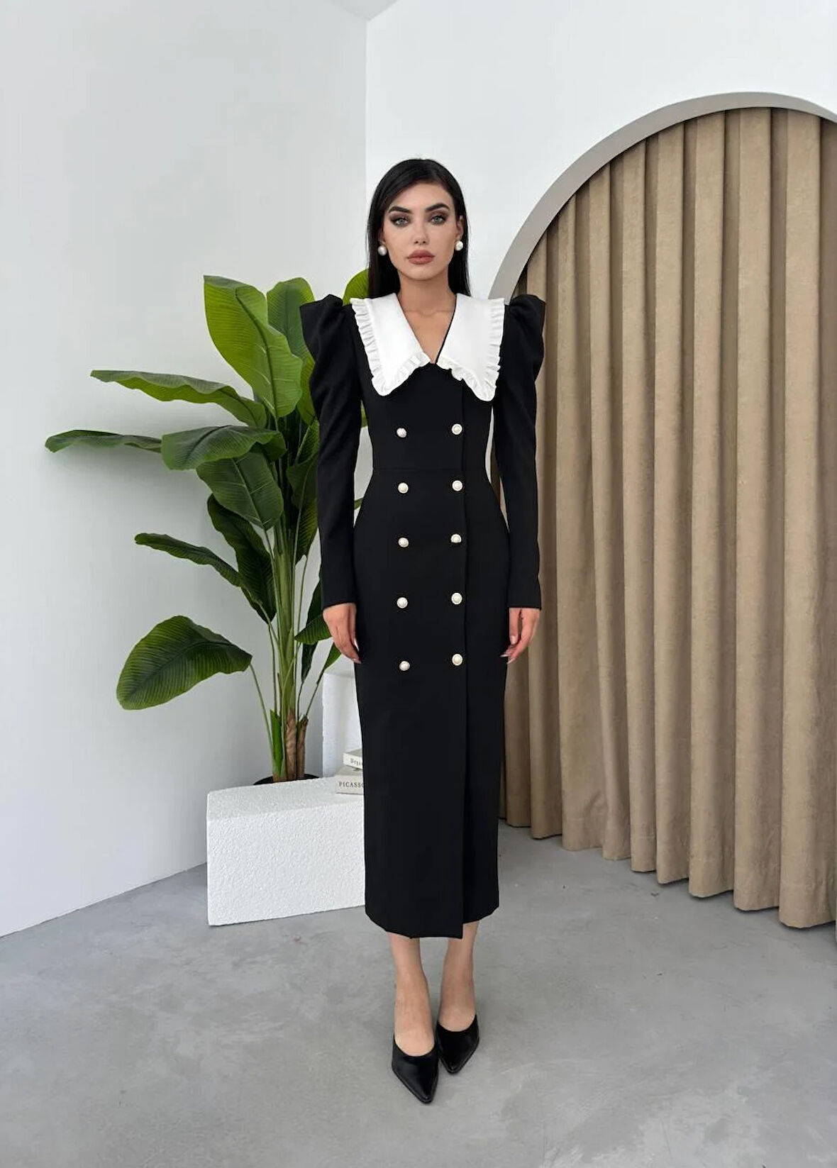 Kila Bebe Yaka Tasarım Düğmeli Uzun Elbise