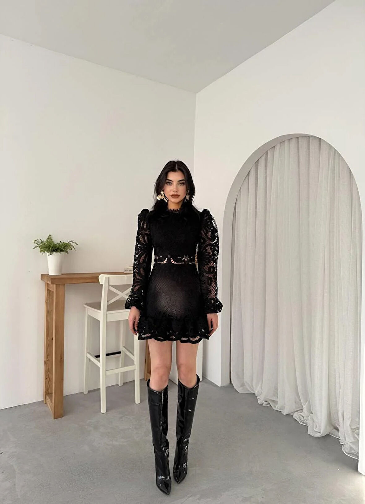 Tasarım Dantel Güpür Mini Elbise