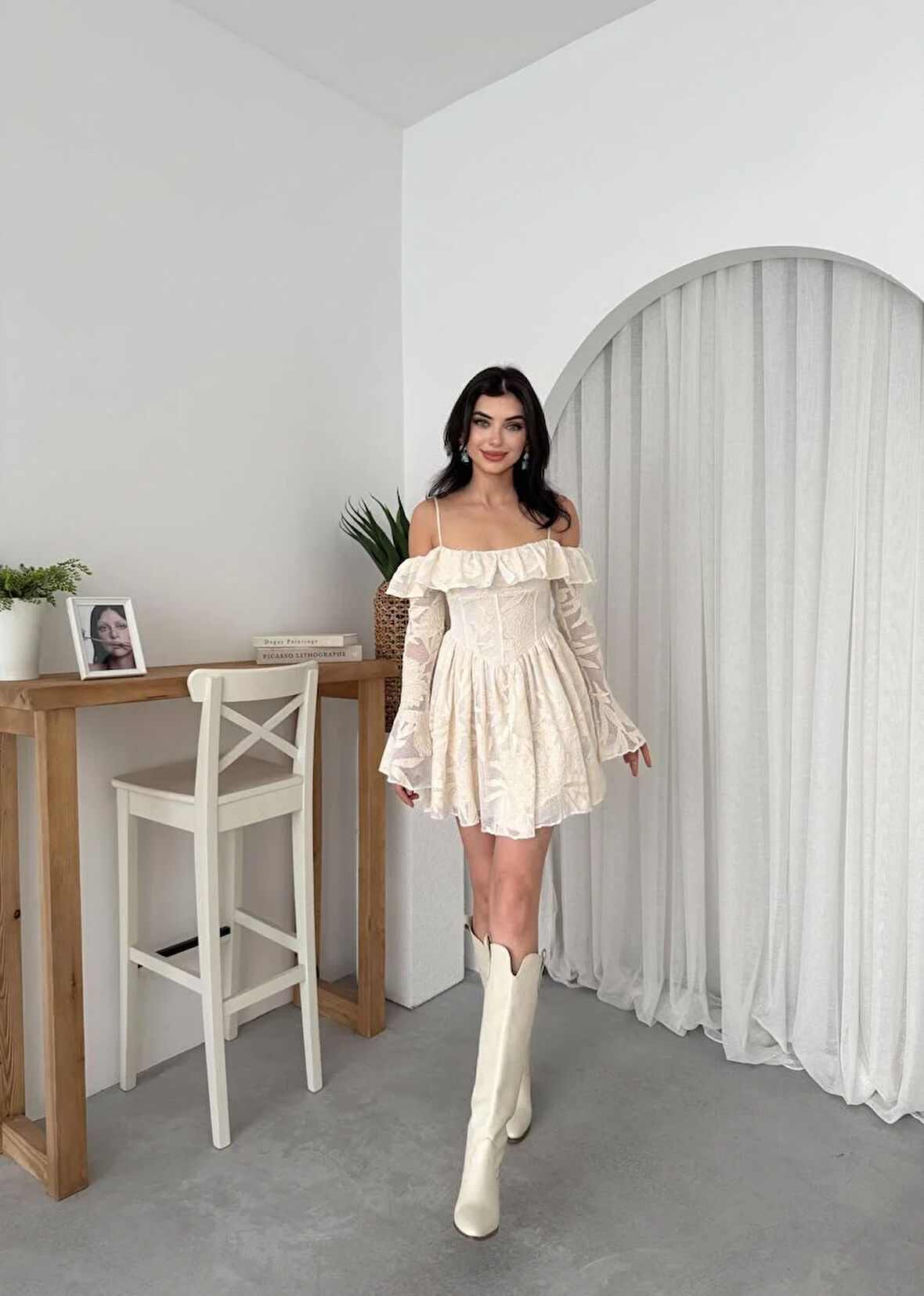 Sinya Tasarım Organize Desenli Astarlı Mini Elbise