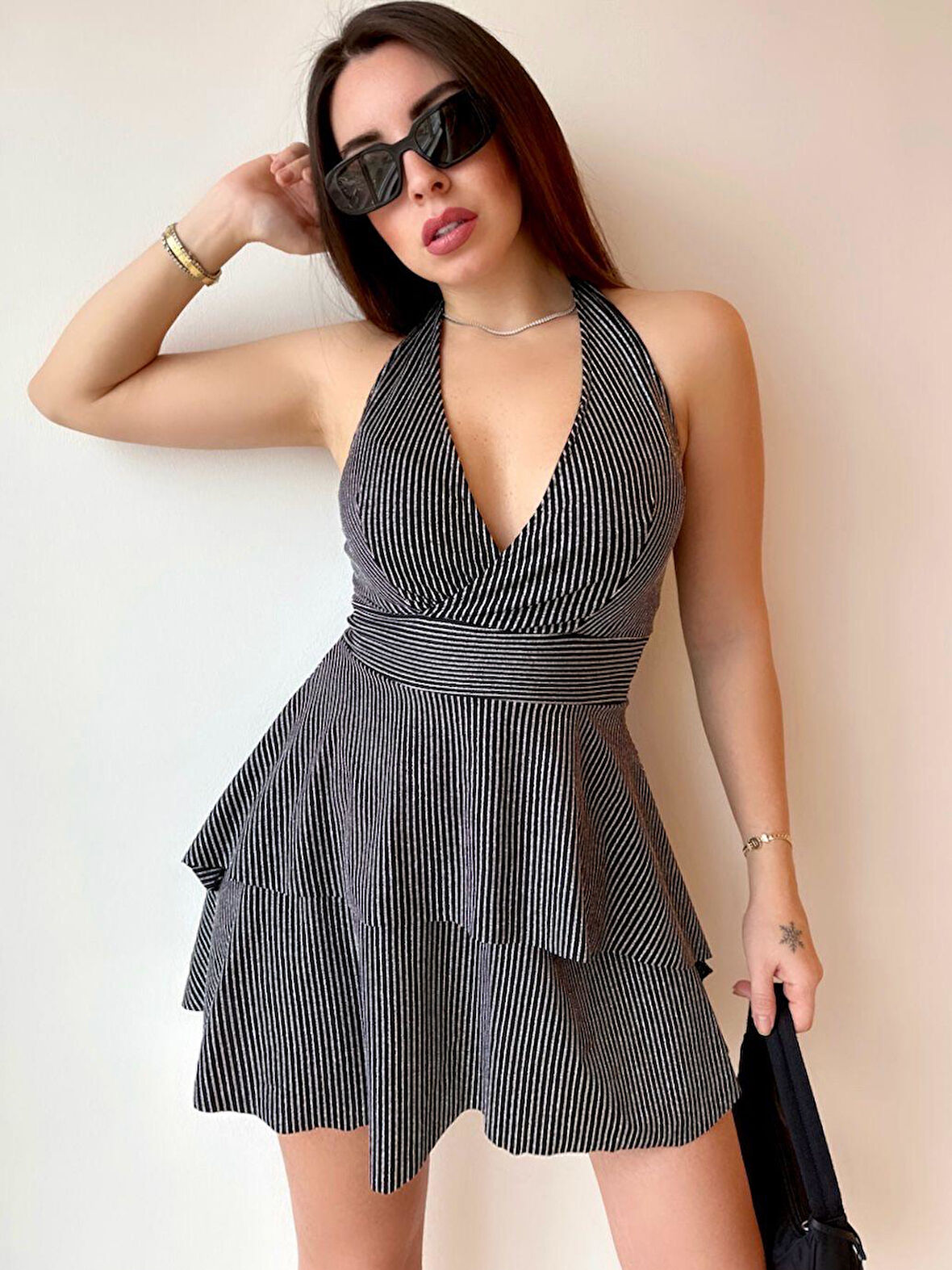 Polly  Halter Yaka Mini Siyah Çizgili Elbise 