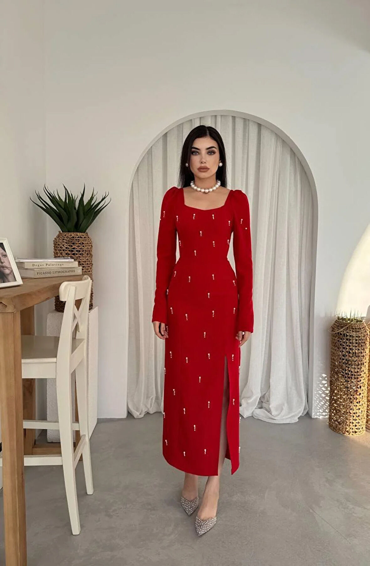Taşlı Maya Yırtmaçlı Uzun Elbise