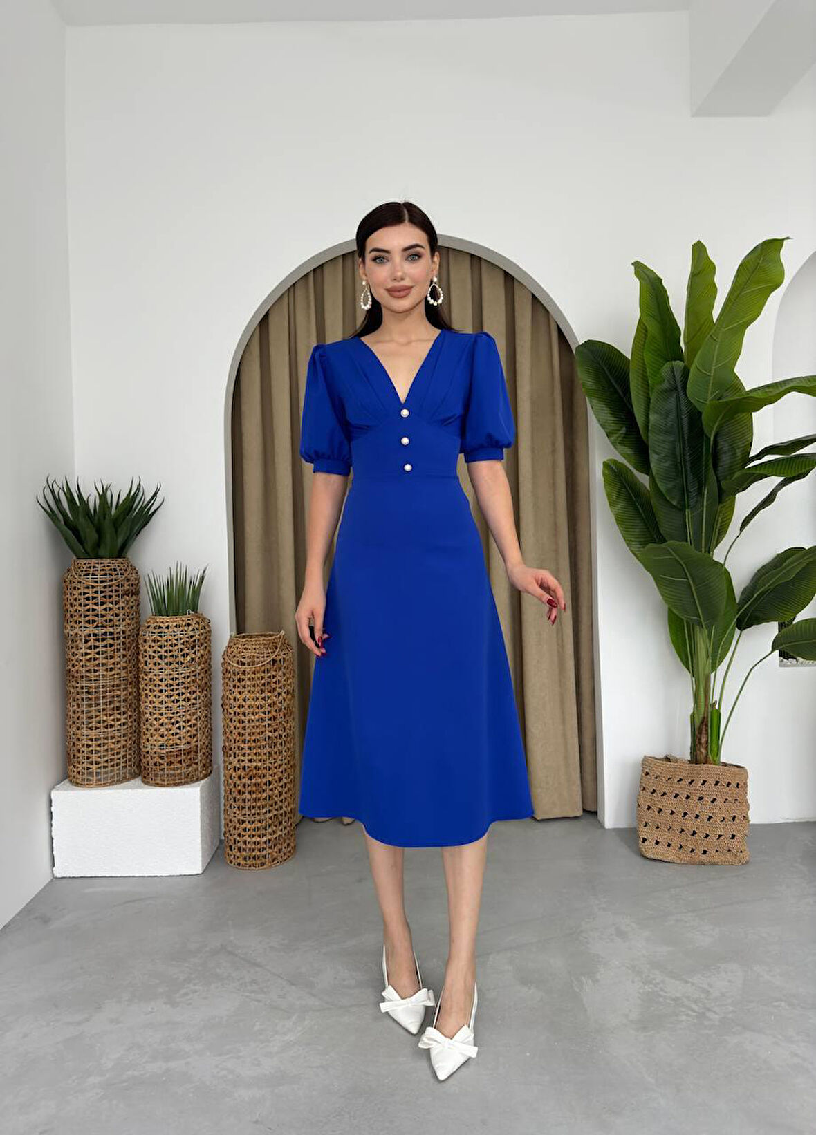 Linda Önü Düğmeli Midi Elbise