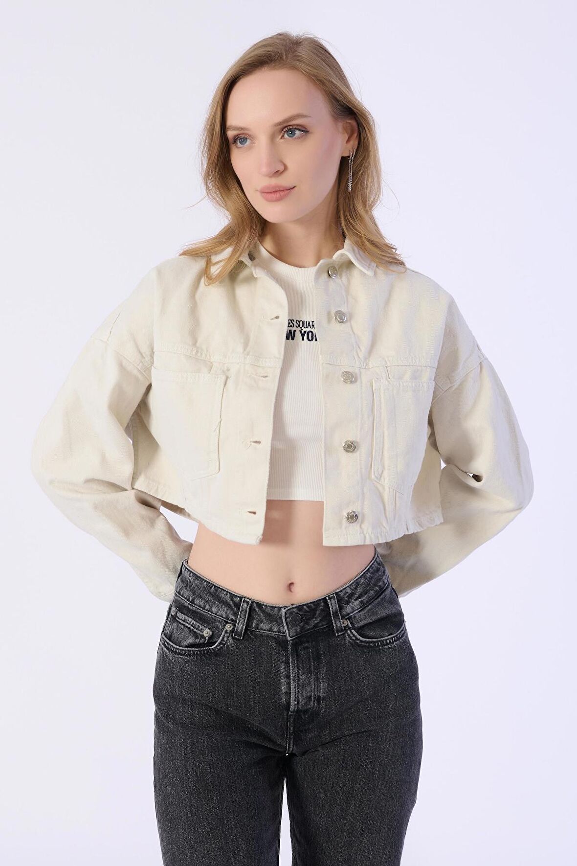Taş Cep Detaylı Denim Ceket