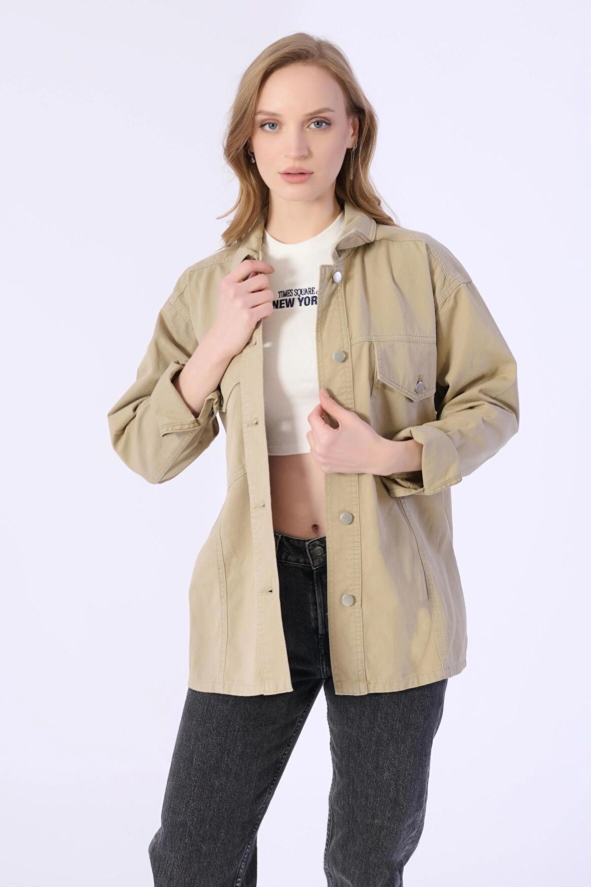 Bej Cep Detaylı Denim Ceket